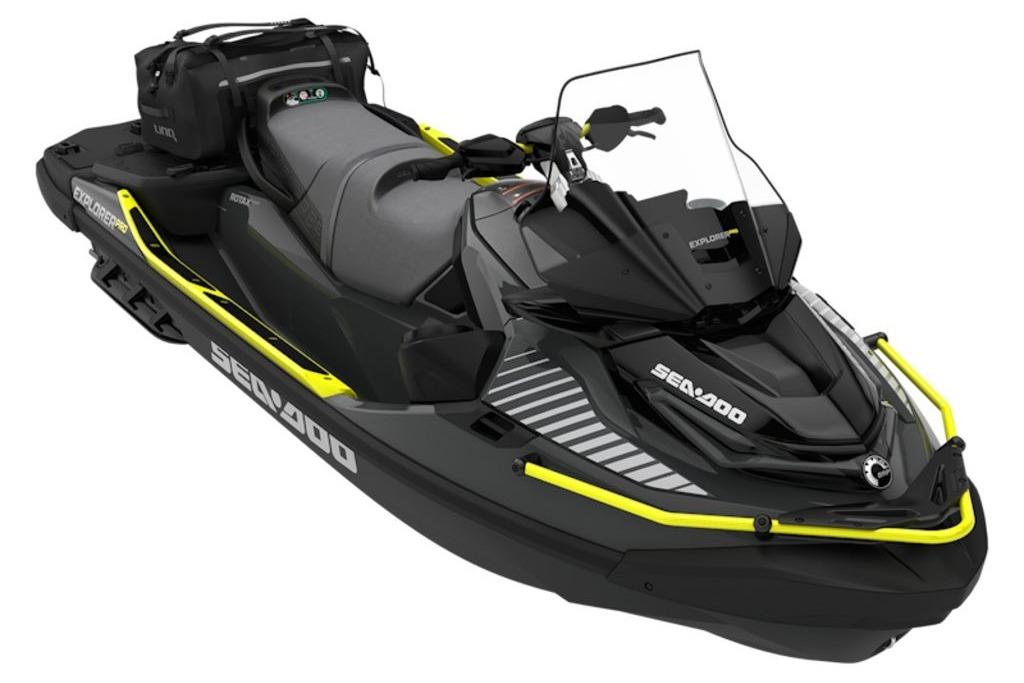 2026 Sea-Doo Explorer Pro 170 jet ski, black with yellow accents, side view.