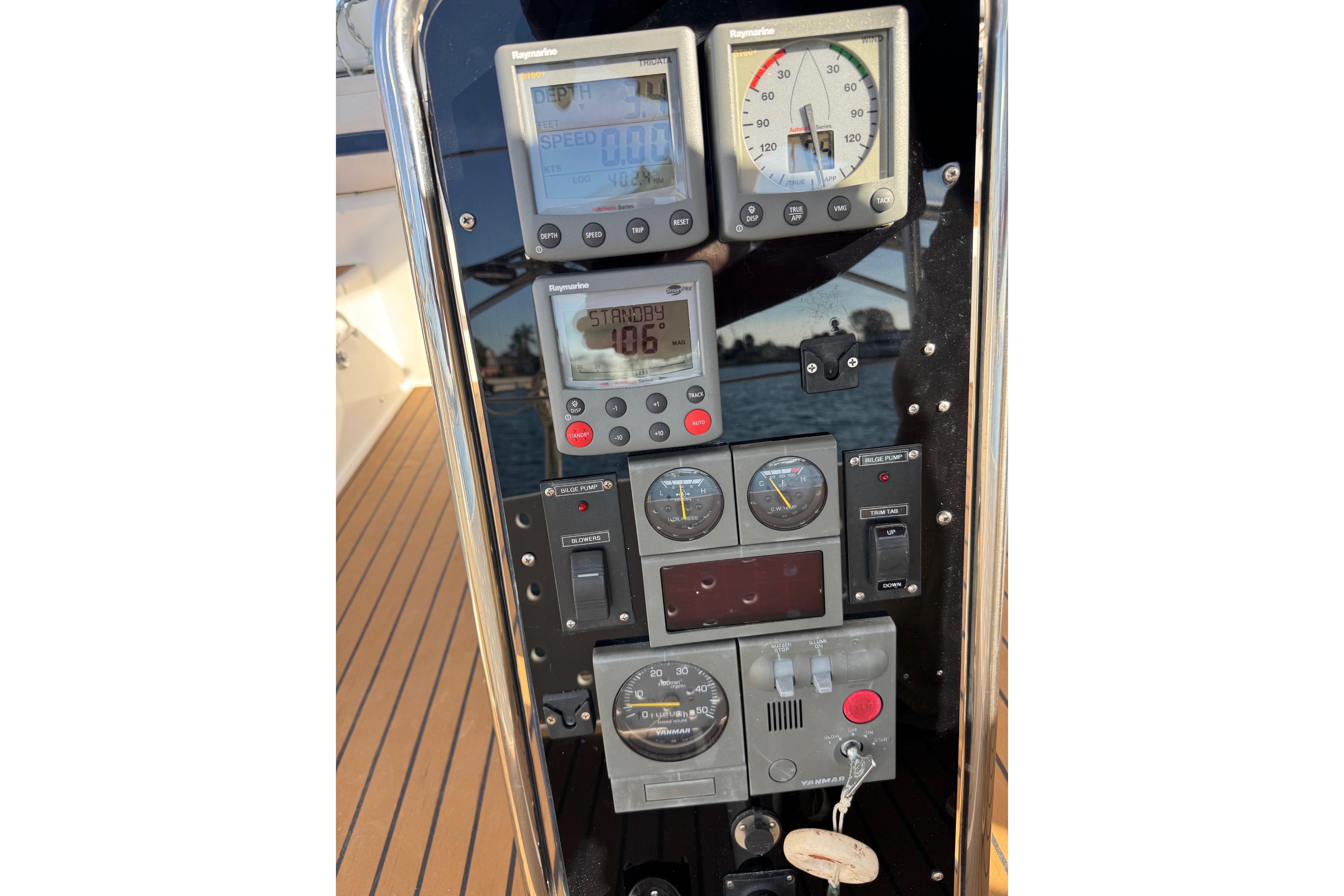Control panel of a 2006 Shannon Shoalsailer with various navigation instruments and gauges.