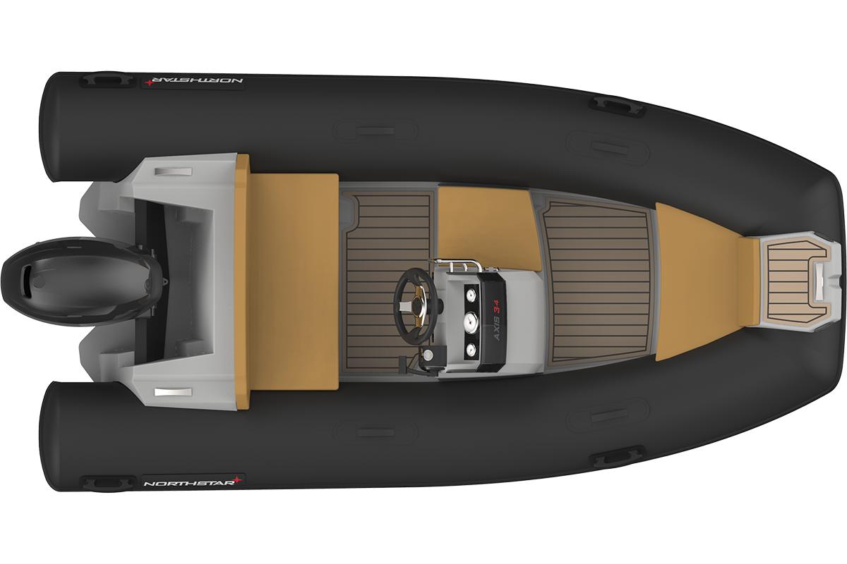 Top view of 2022 Northstar Axis 3.4 inflatable boat with steering console.