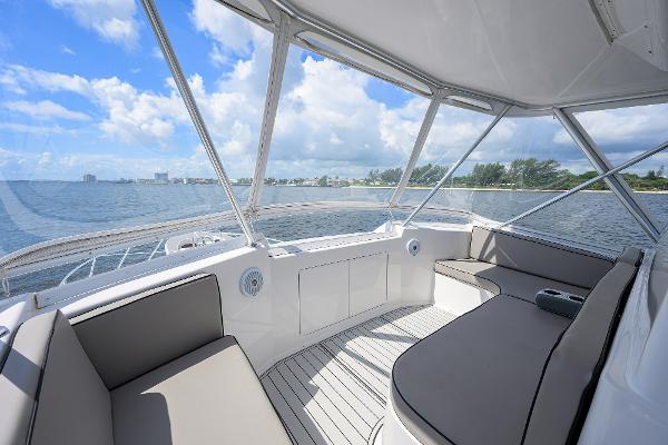 Interior view of 2000 Viking 50 Convertible yacht with ocean backdrop.