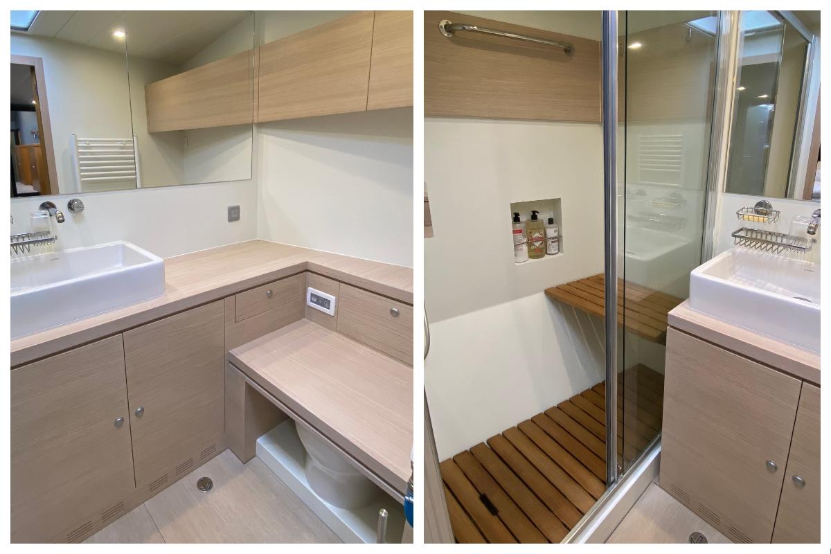 Modern bathroom in 2008 Garcia 65ft Aluminium Centerboard yacht with sleek fixtures and wooden accents.