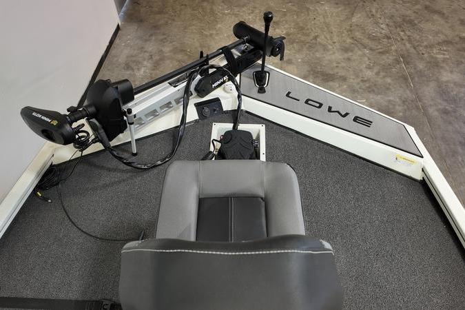 2024 Lowe Stinger 188 boat interior with trolling motor and seating.