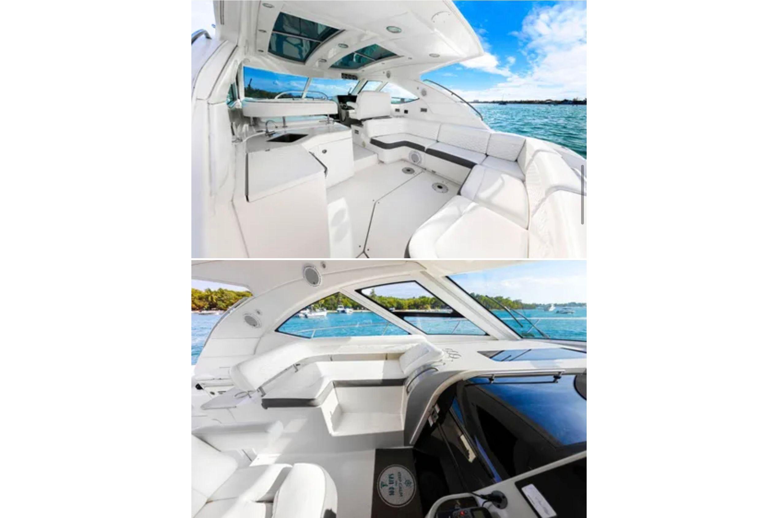 2009 Sea Ray 43 Sundancer yacht interior with sleek white seating and panoramic windows.
