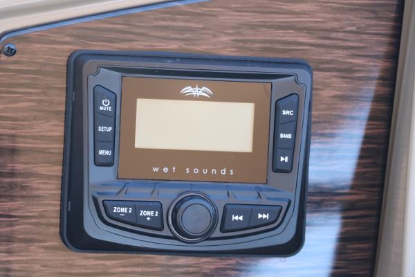 Control panel of Wet Sounds audio system in 2025 Sylvan Mirage 820 CLZ DH boat.