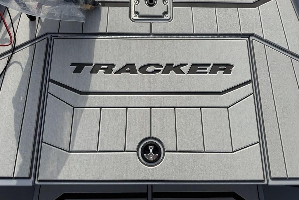 2026 Tracker Bass Tracker Classic CC boat deck with logo and sleek design.