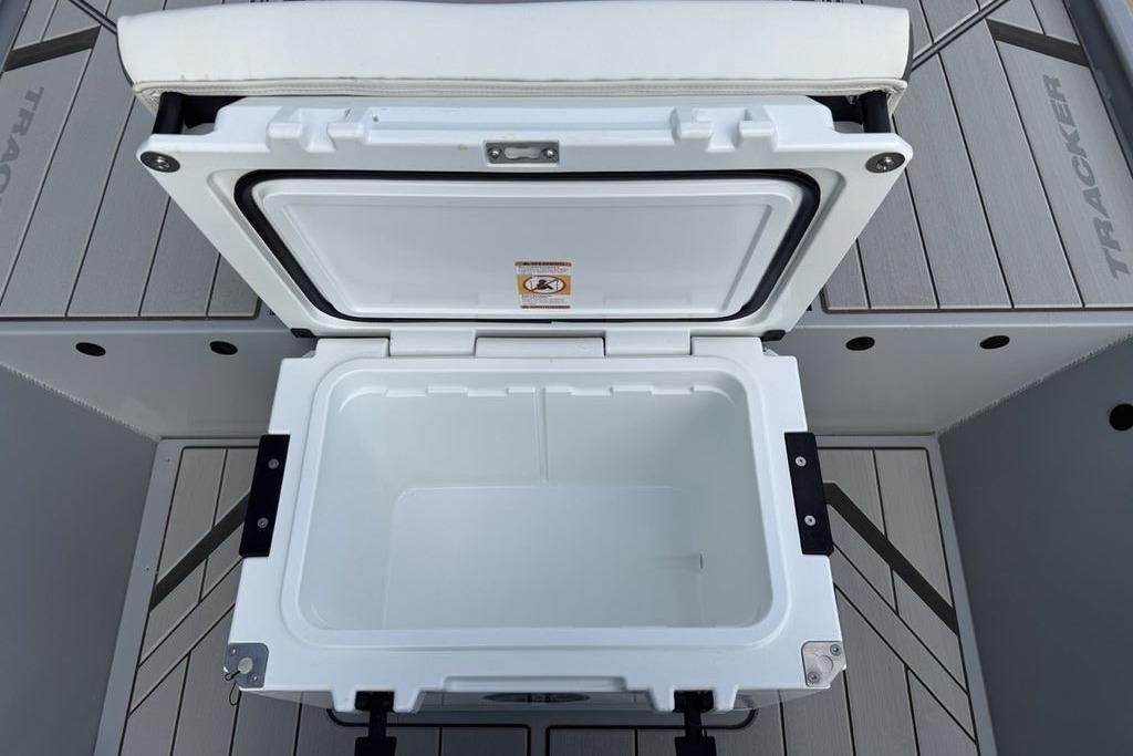 Open cooler on 2026 Tracker Bass Tracker Classic CC boat deck.
