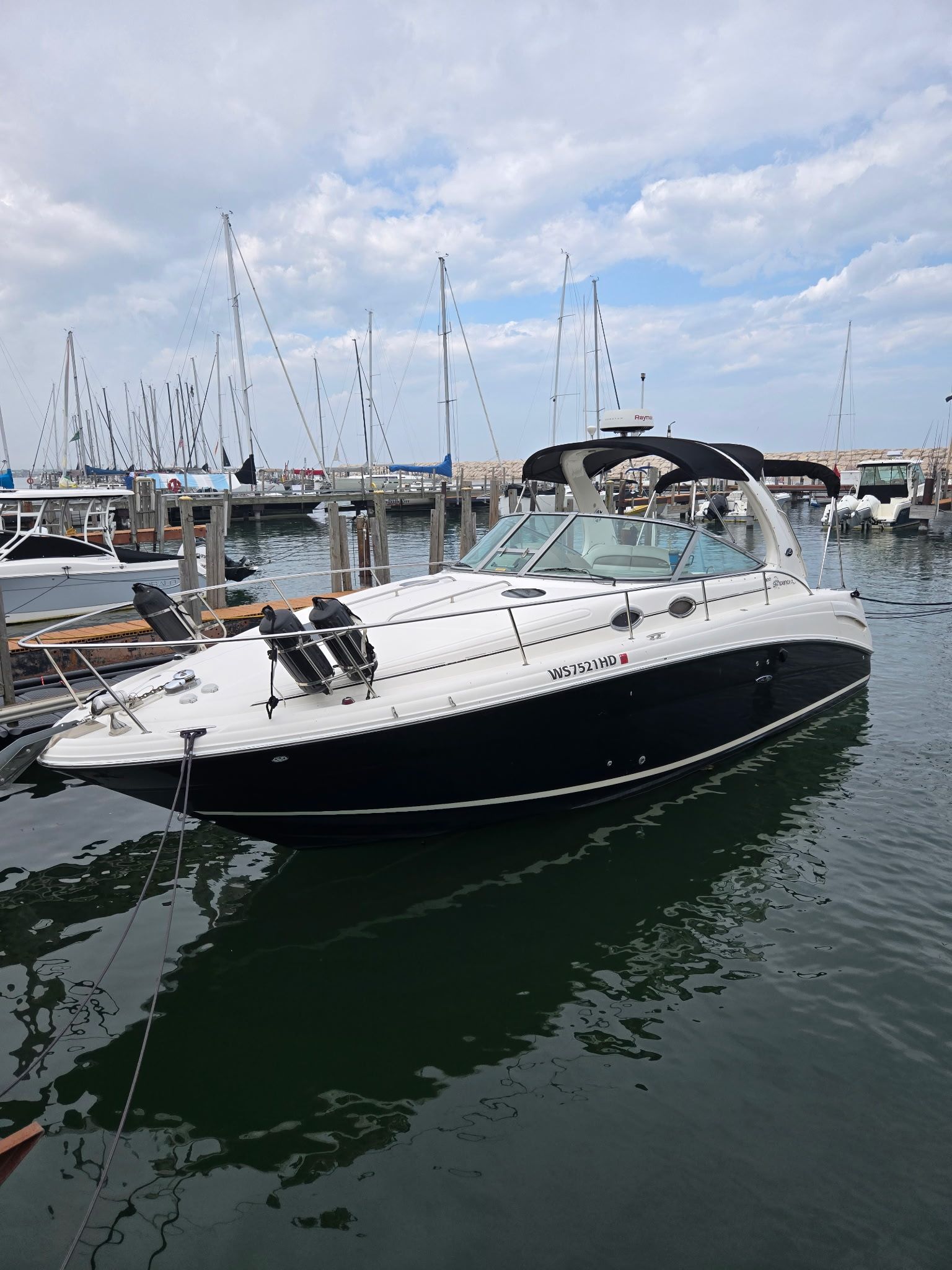 A 2006 Sea Ray 300 Sundancer docked in a marina. Sailboats are visible in the background.