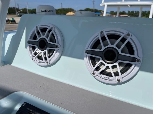 Speakers on a 2022 Shallow Sport 20 Classic boat with Garmin equipment.