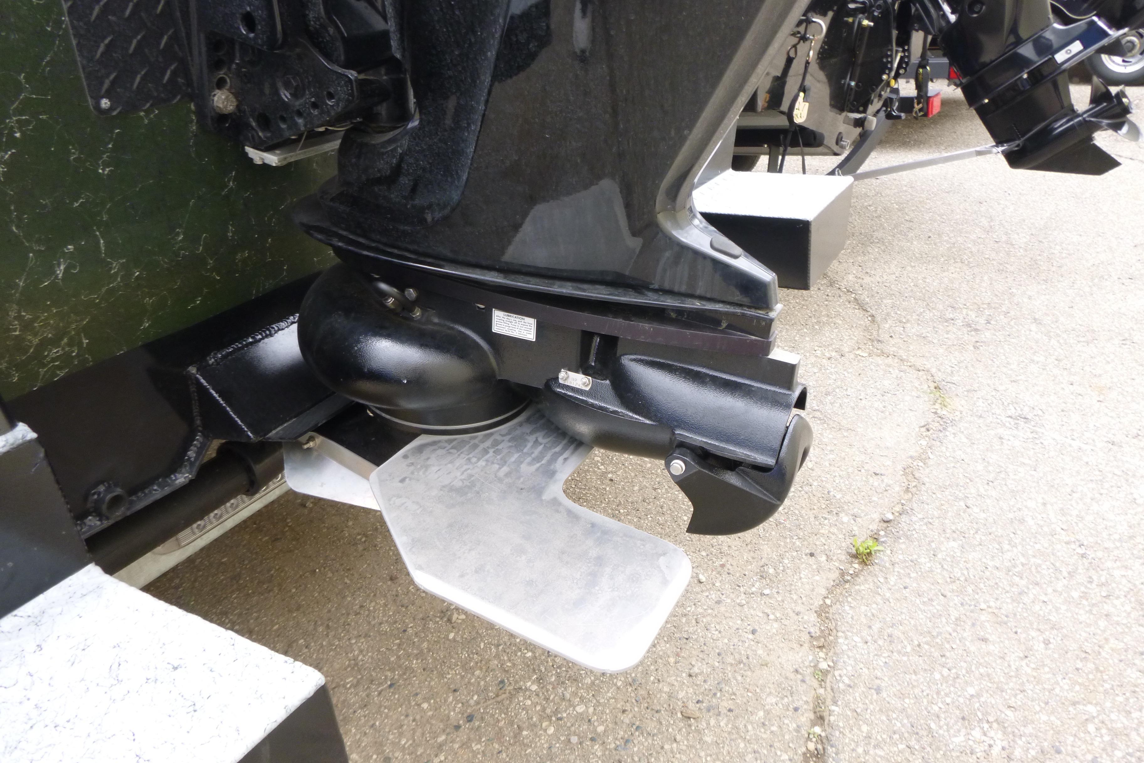 Close-up of 2025 StealthCraft 16 StealthWeld boat motor and propeller.