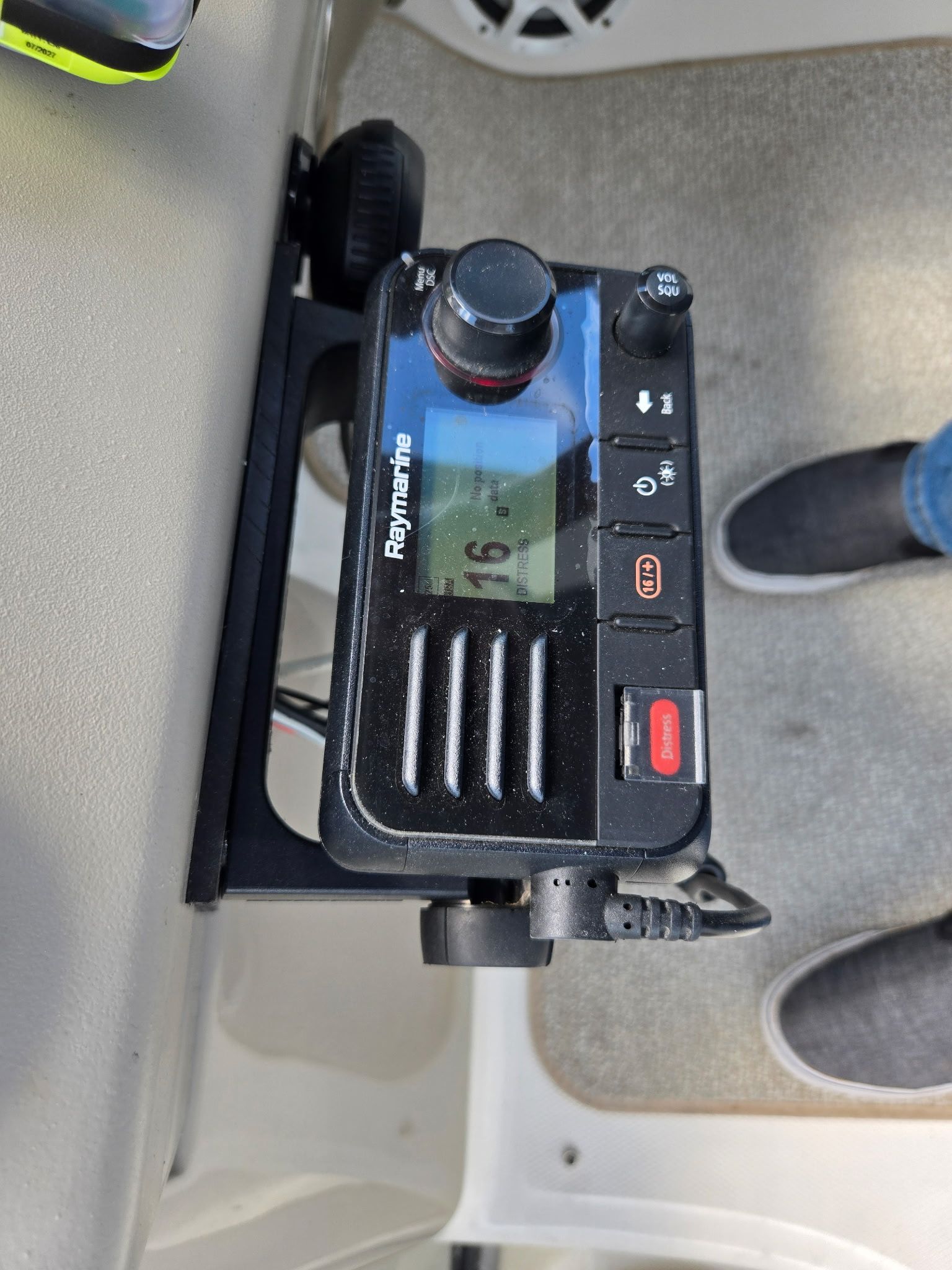 Close-up of a Raymarine device on a boat.