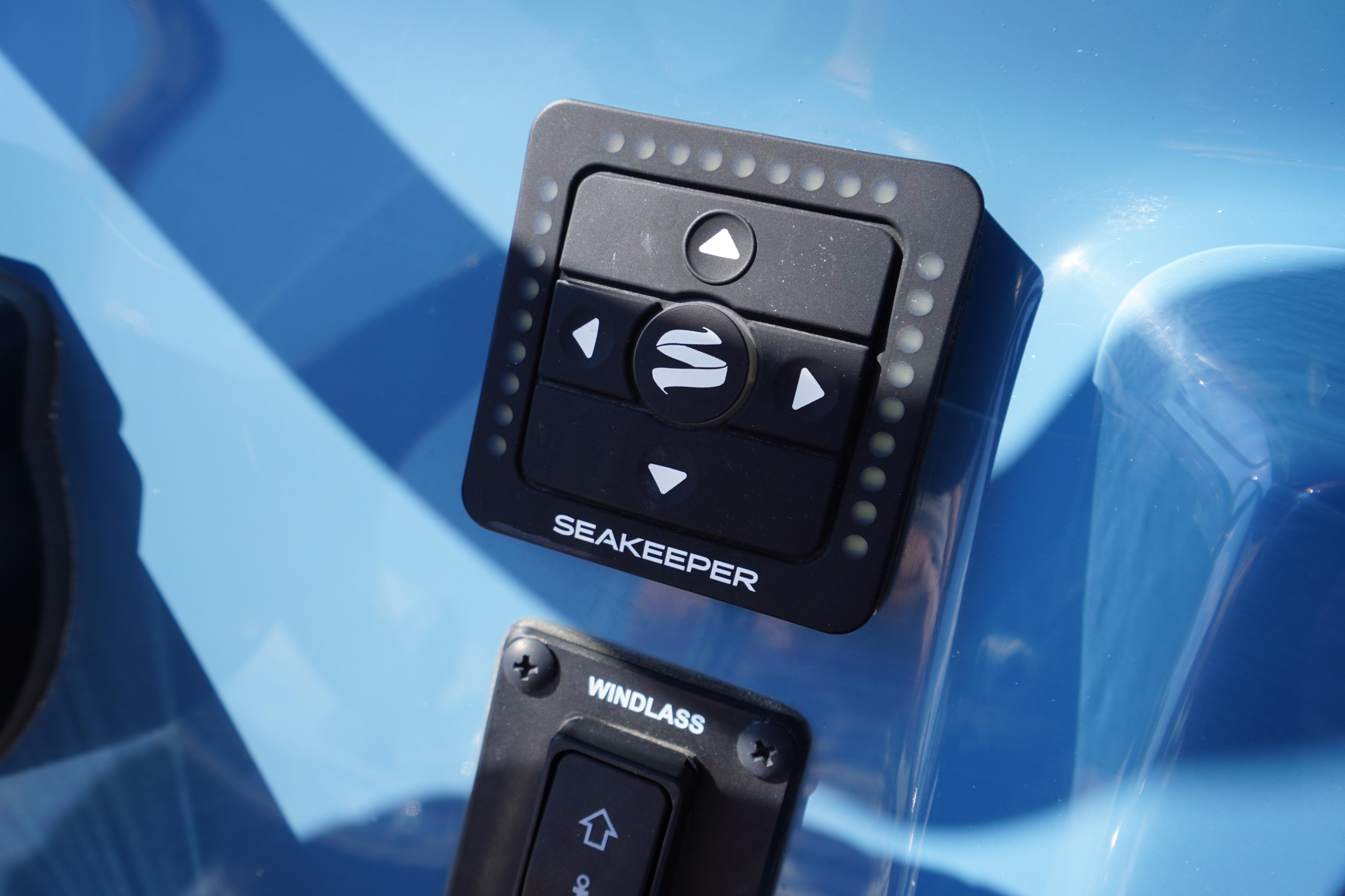 Control panel on 2025 Tidewater 232 SS boat featuring Seakeeper and Windlass systems.