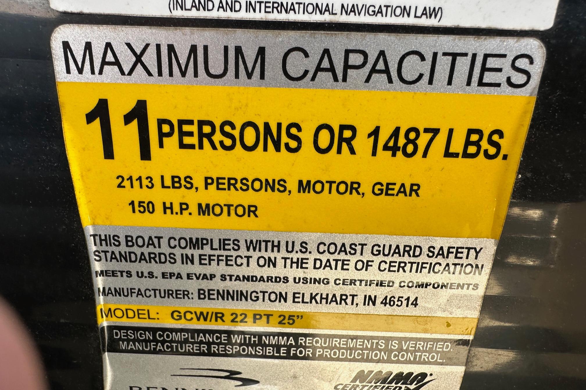 2017 Bennington 22 GPD capacity label: 11 persons or 1487 lbs, 150 HP motor.