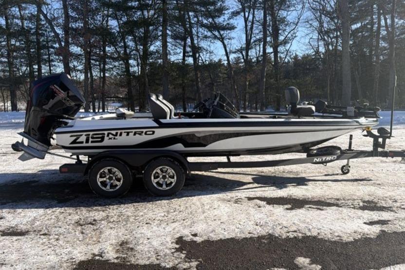 2026 Nitro Z19 XL Pro boat on trailer in snowy landscape.