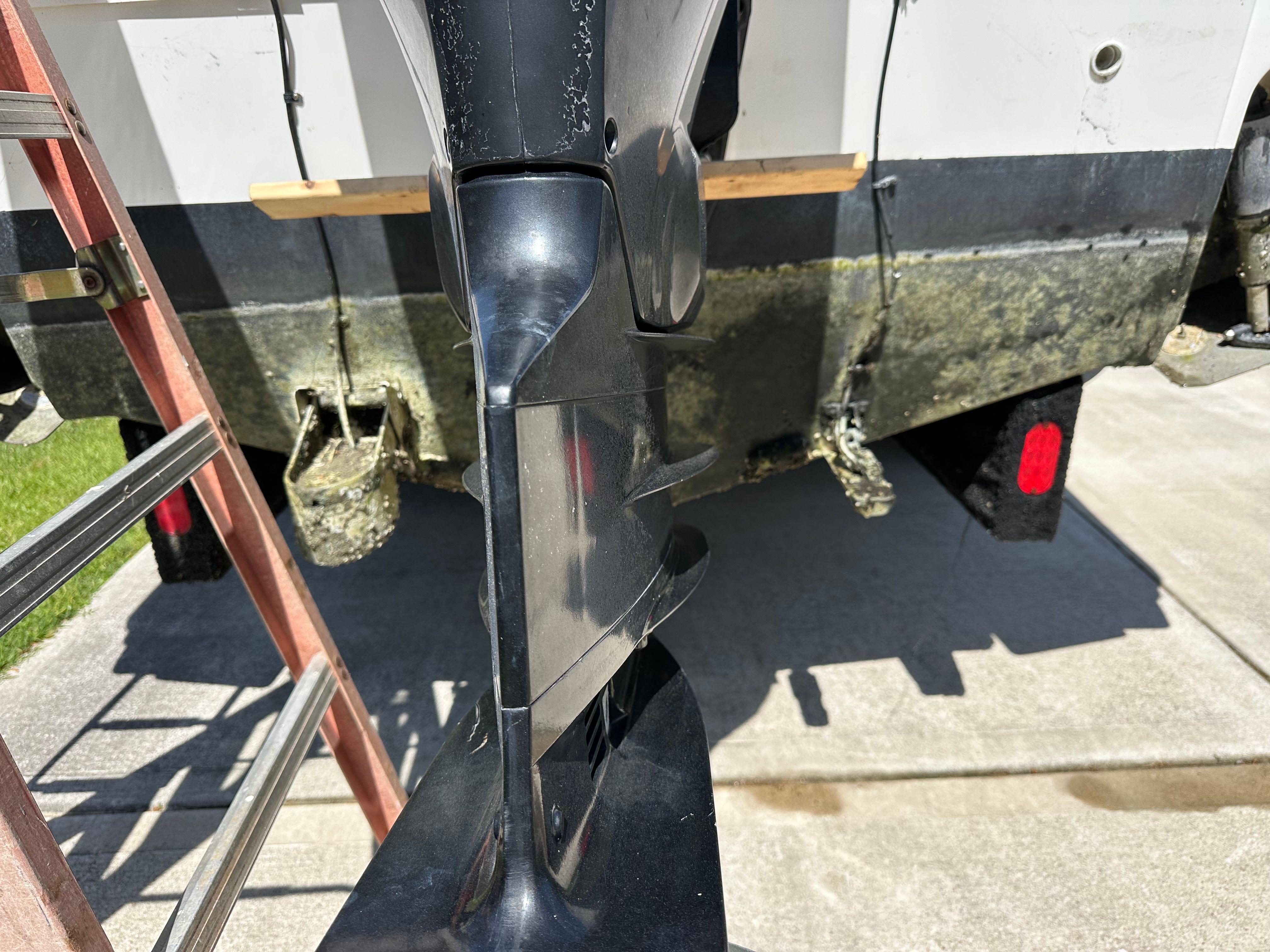 A boat motor and part of the hull are visible, with algae growth on the stern.