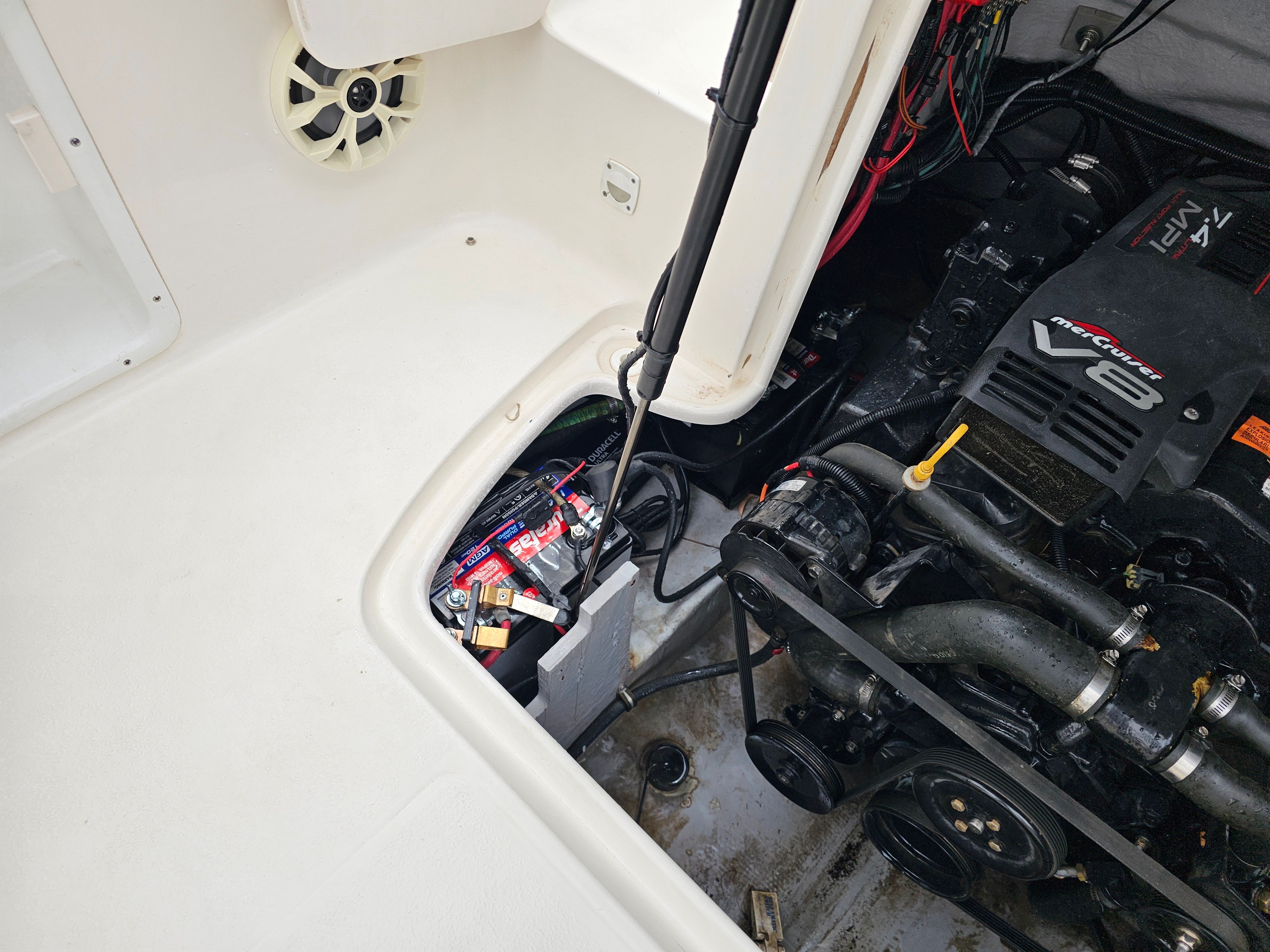 Engine compartment of a 1998 Chaparral Sunesta 252 Special Edition boat.