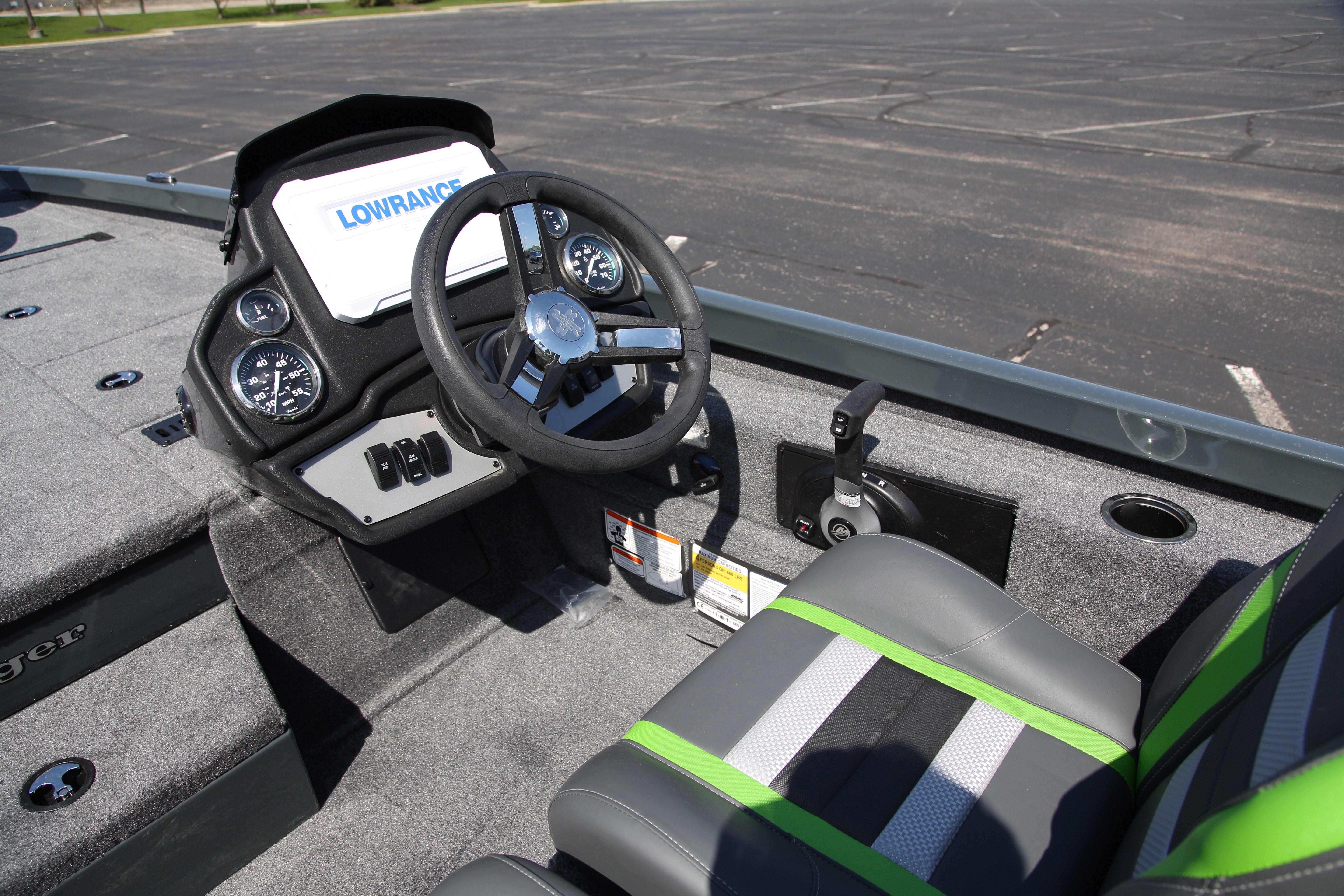 2026 Ranger RT198P boat cockpit with steering wheel, gauges, and Lowrance display.