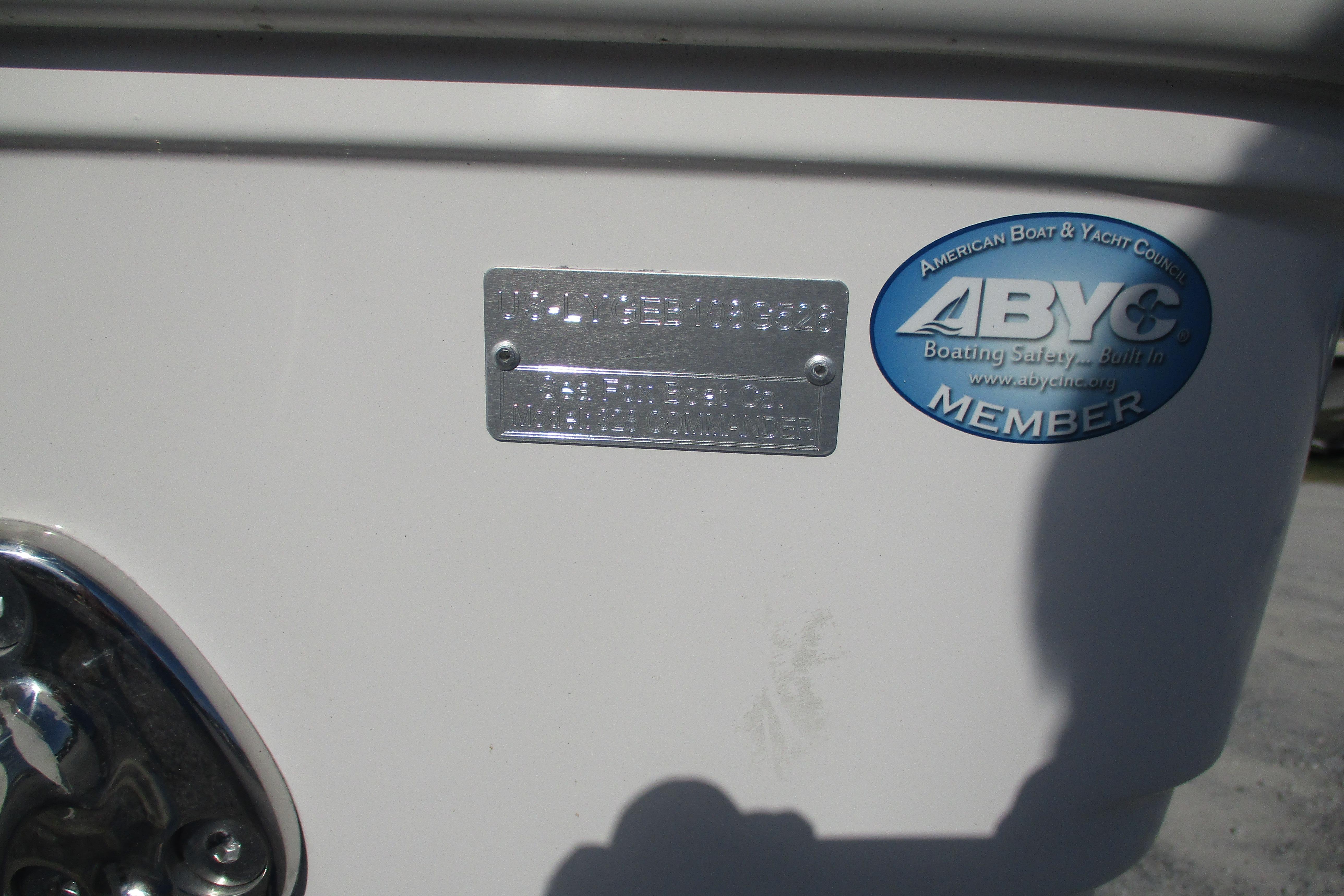 2026 Sea Fox 328 Commander with ABYC member sticker and identification plate.