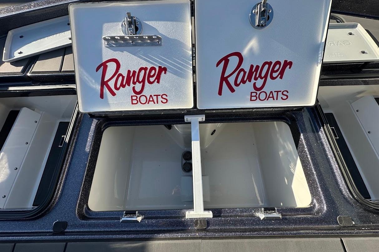 2026 Ranger Z521R Garmin Cup-Equipped boat storage compartments with Ranger Boats branding.
