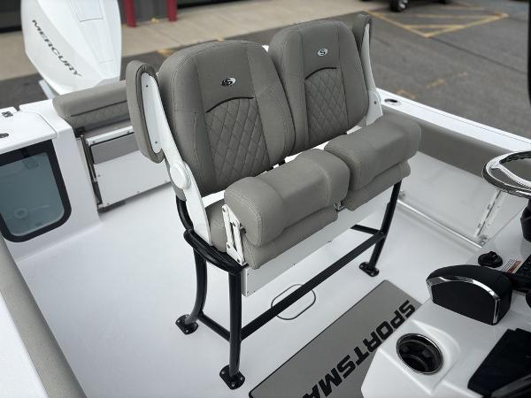 2025 Sportsman Open 232 boat seating with gray cushioned seats and black frame.