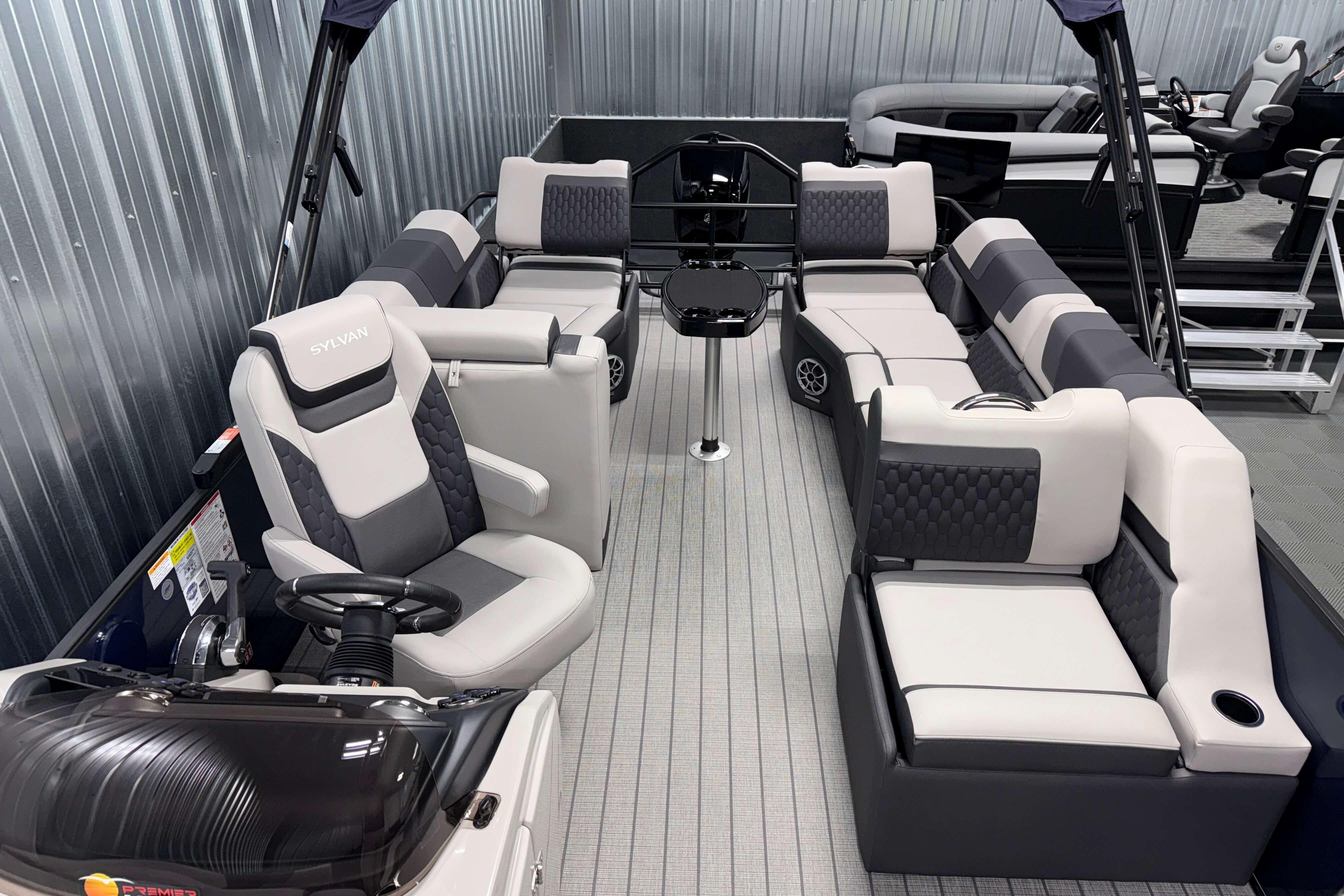 2026 Sylvan L3 SLZ pontoon boat interior with luxurious seating and modern design.