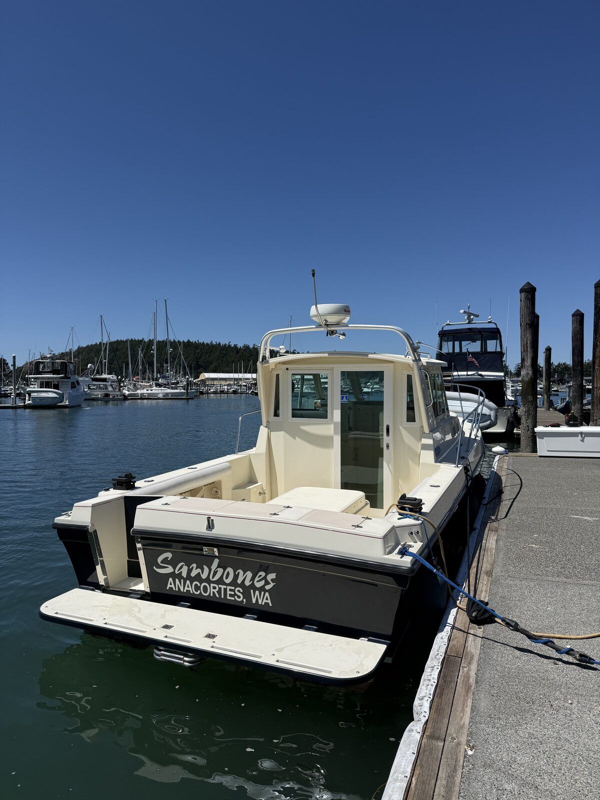 A 2001 Albin Tournament Express boat docked on a sunny day in Anacortes, WA.