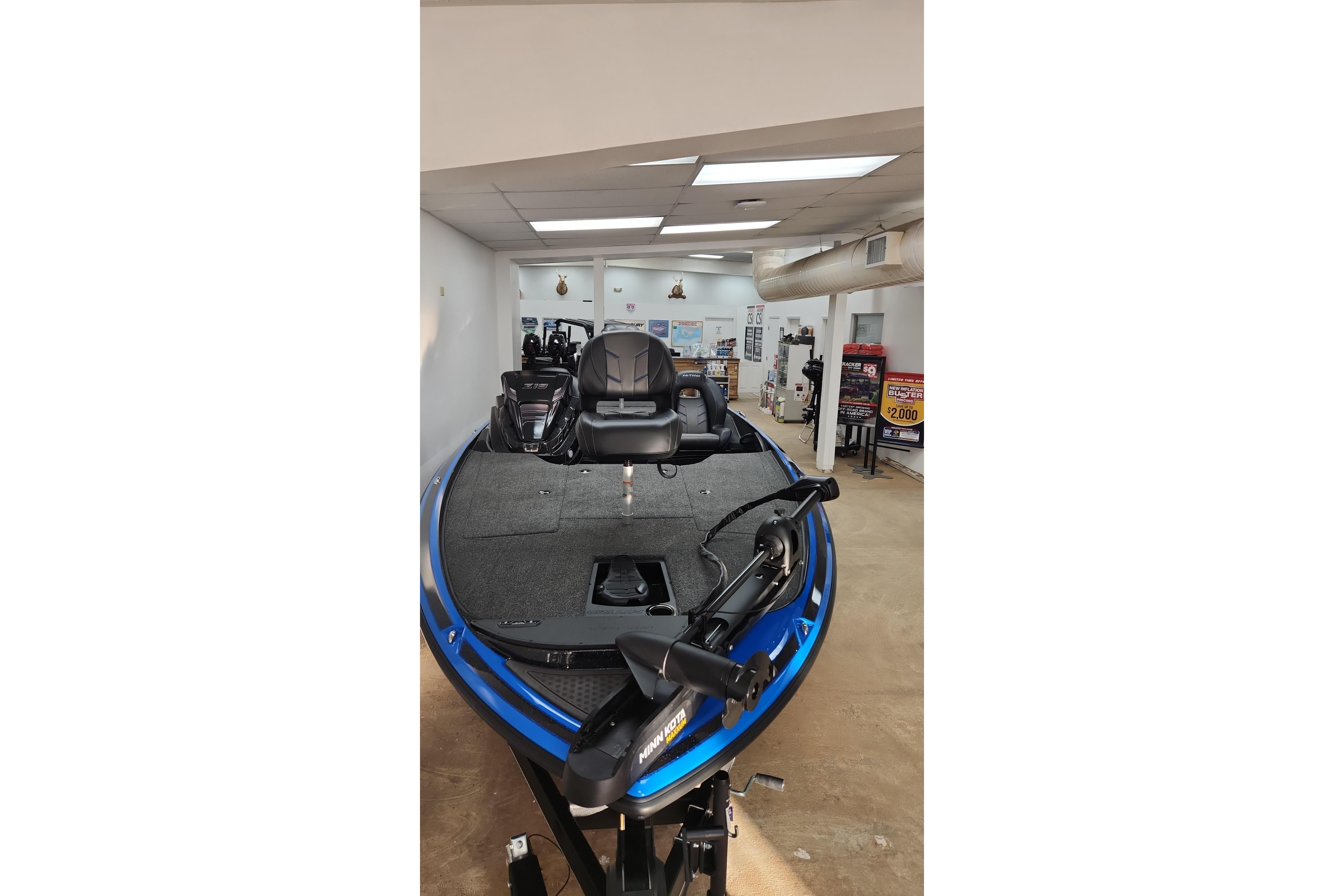 2024 Nitro Z19 boat in showroom, featuring sleek design and modern equipment.