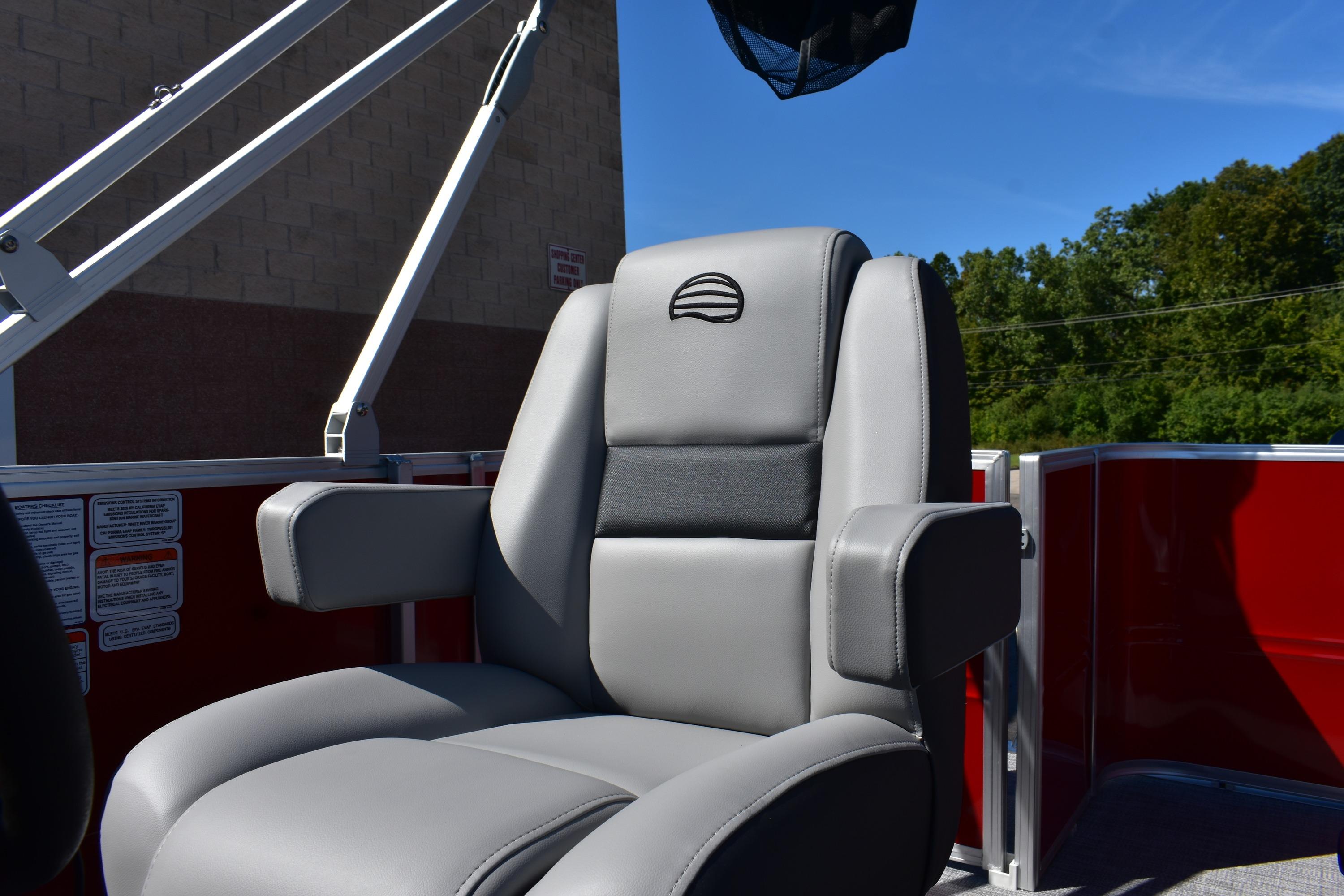 Luxurious seating on 2026 Sun Tracker Party Barge 18 DLX pontoon boat.