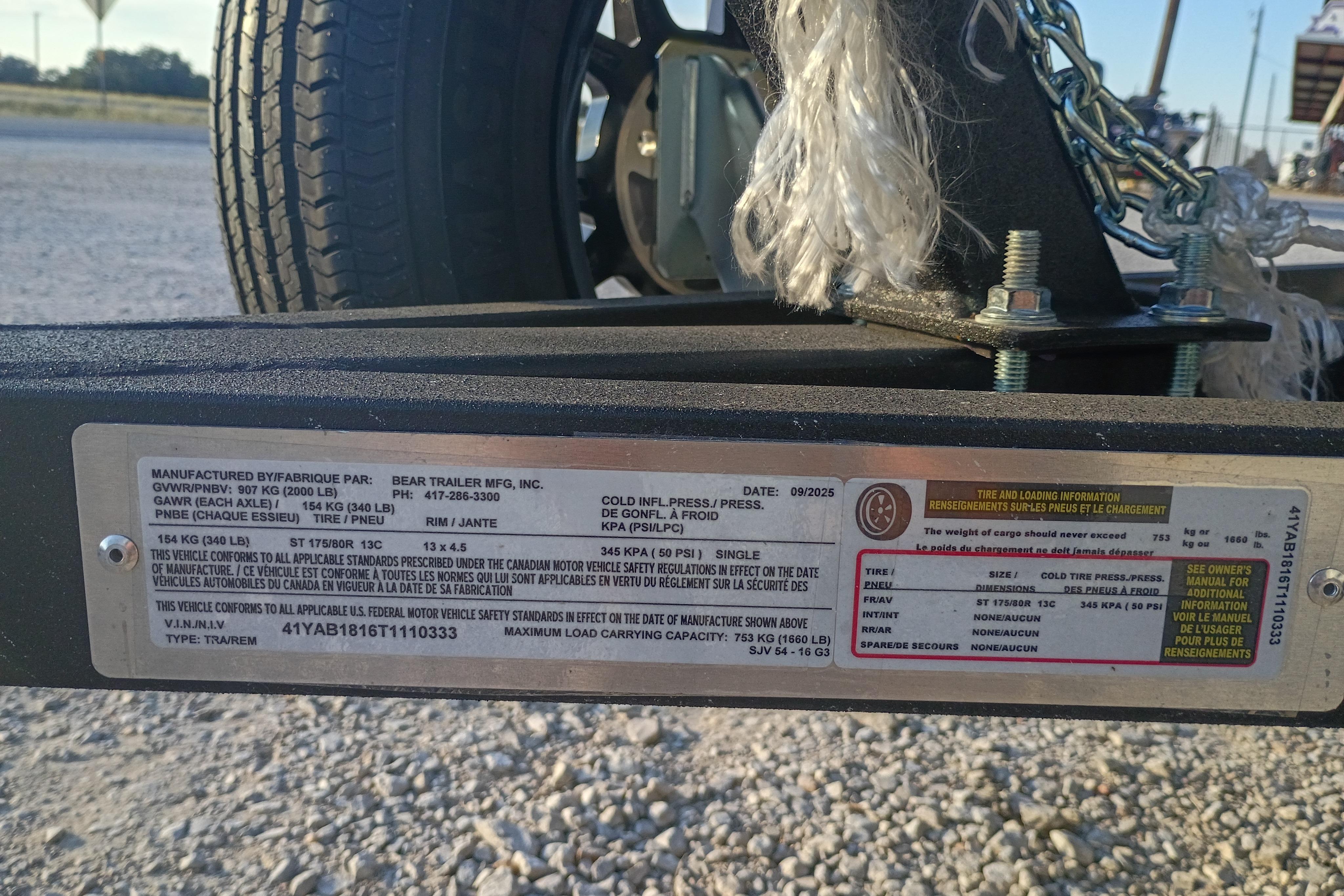 Trailer label on G3 Gator Tough 16 FL, 2026 model, showing tire and loading information.