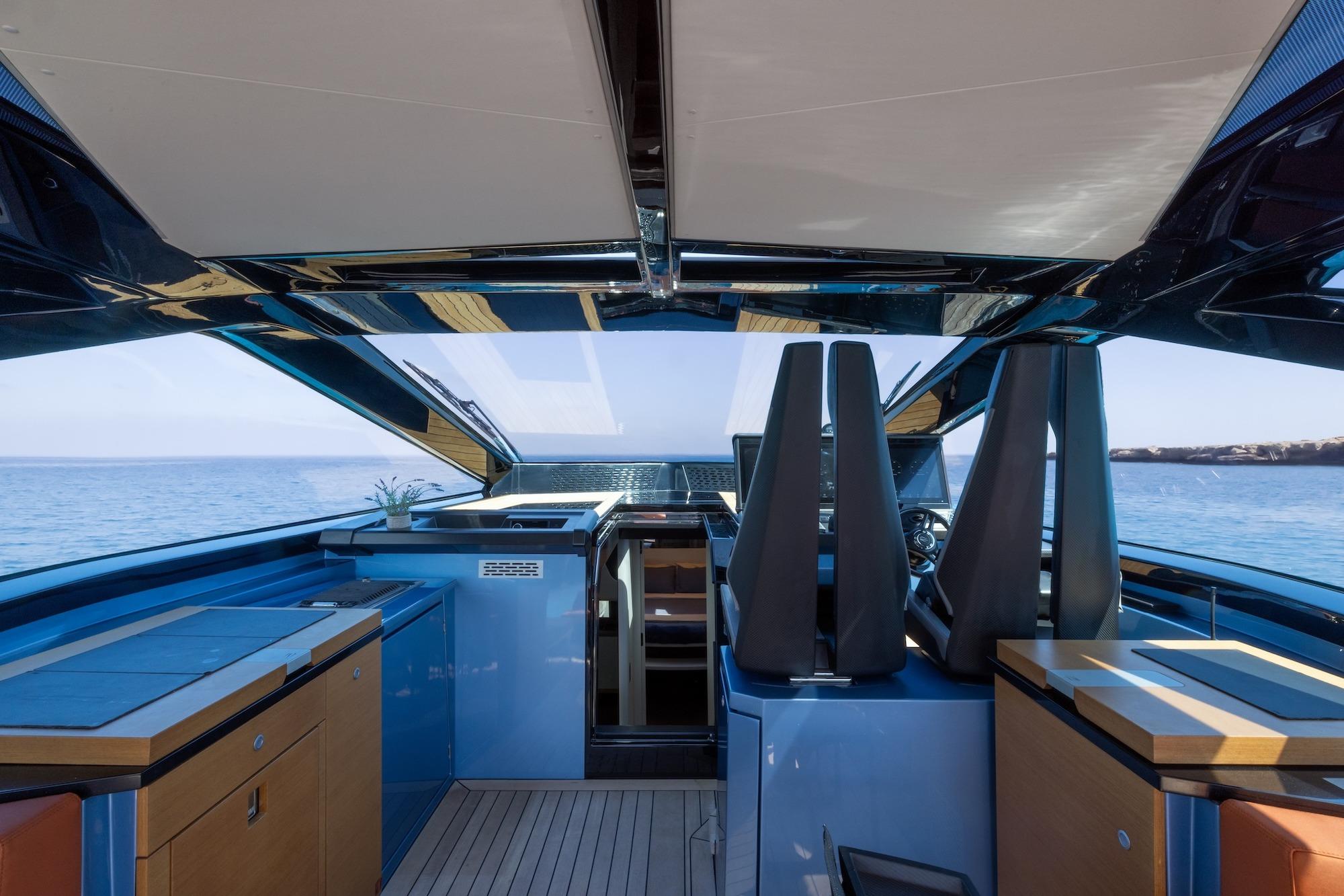 Interior view of 2024 Wally WALLYPOWER 58X yacht, featuring sleek design and ocean backdrop.