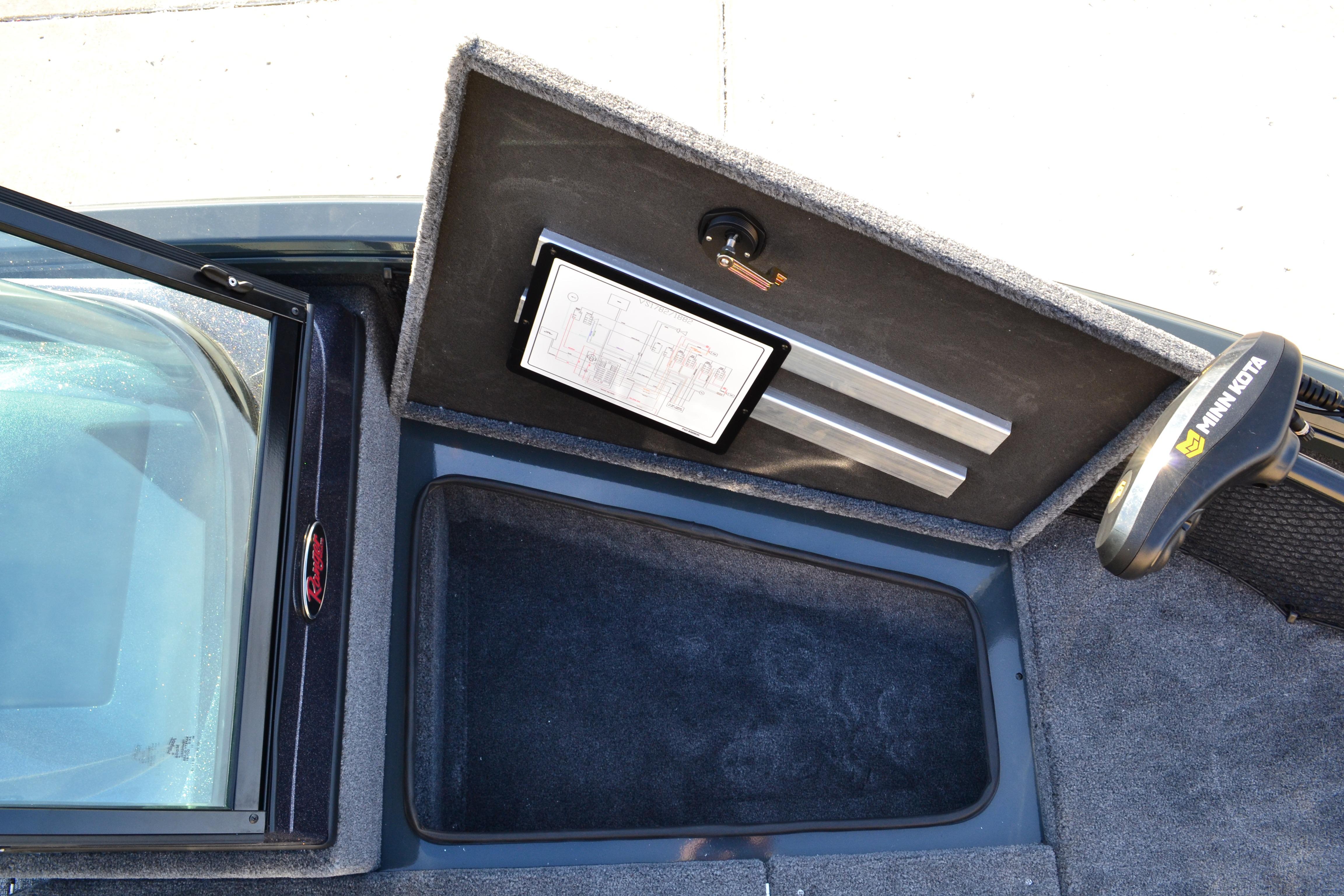 2026 Ranger VS1882SC Reata boat storage compartment with Minn Kota trolling motor.