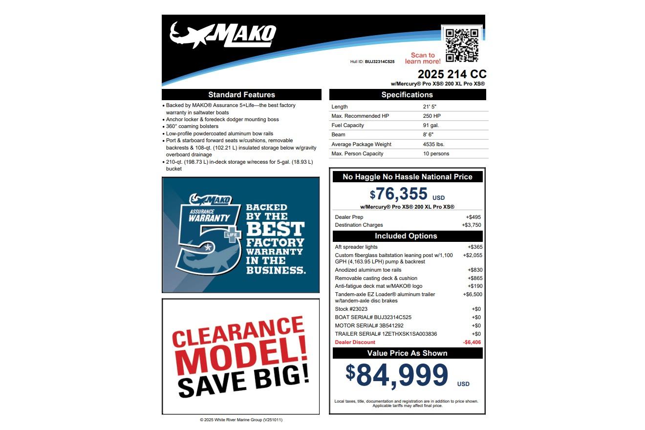 2025 Mako 214 Center Console boat features, pricing, and warranty details.
