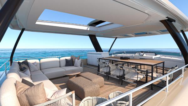 Luxurious Lagoon 83 yacht deck with modern seating, ocean view, 2025 model.