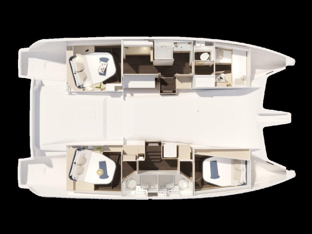 Floor plan of 2026 Fountaine Pajot NEW 44 catamaran, showcasing interior layout and design.