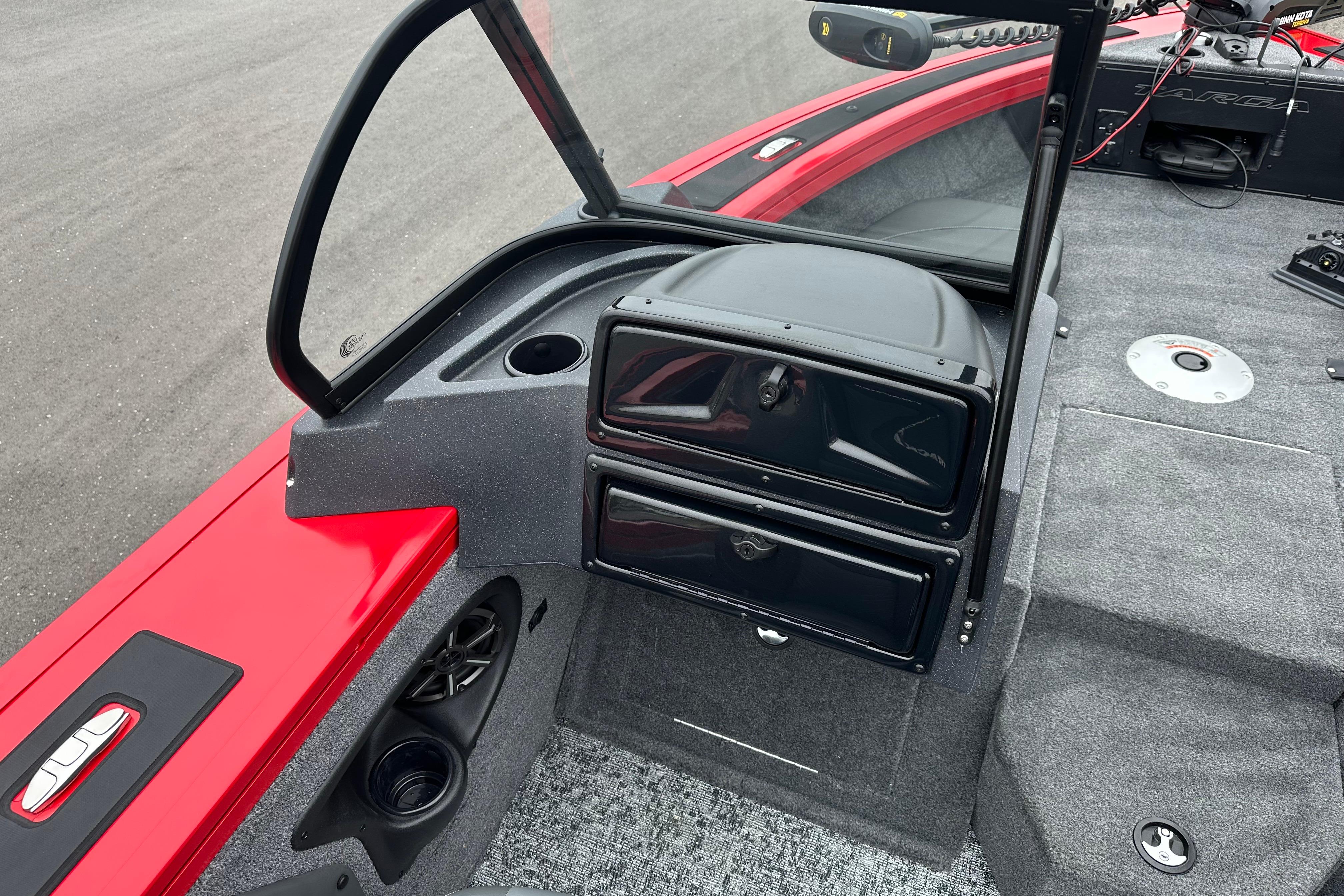 2026 Tracker Targa V-19 Combo boat interior with storage compartments and speaker.