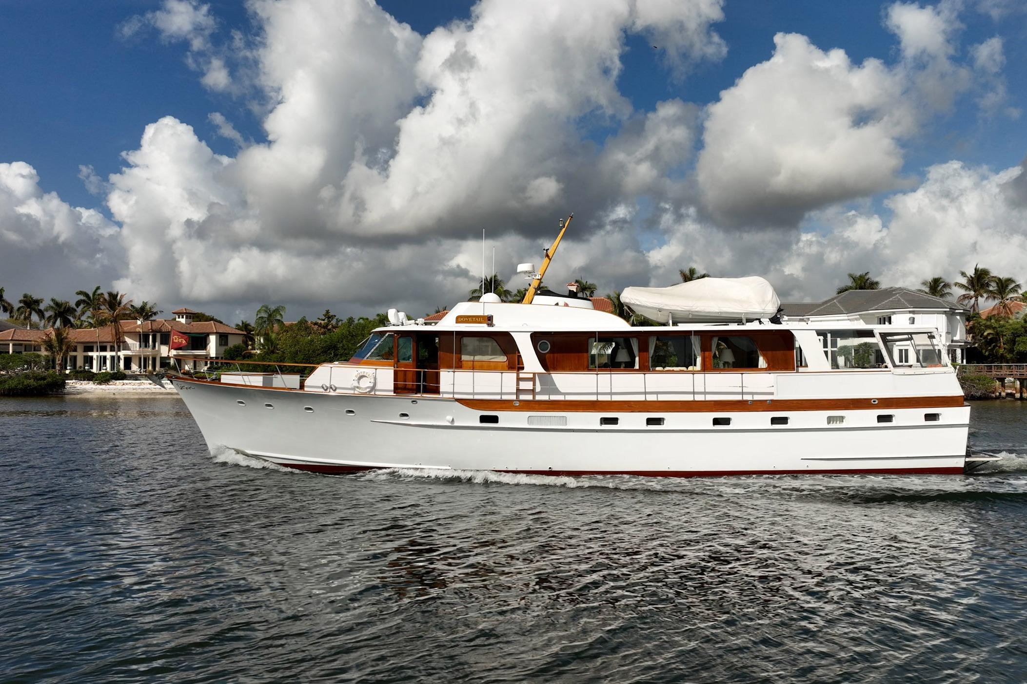 Classic 1972 Trumpy 72 Motor Yacht cruising on a sunny day.