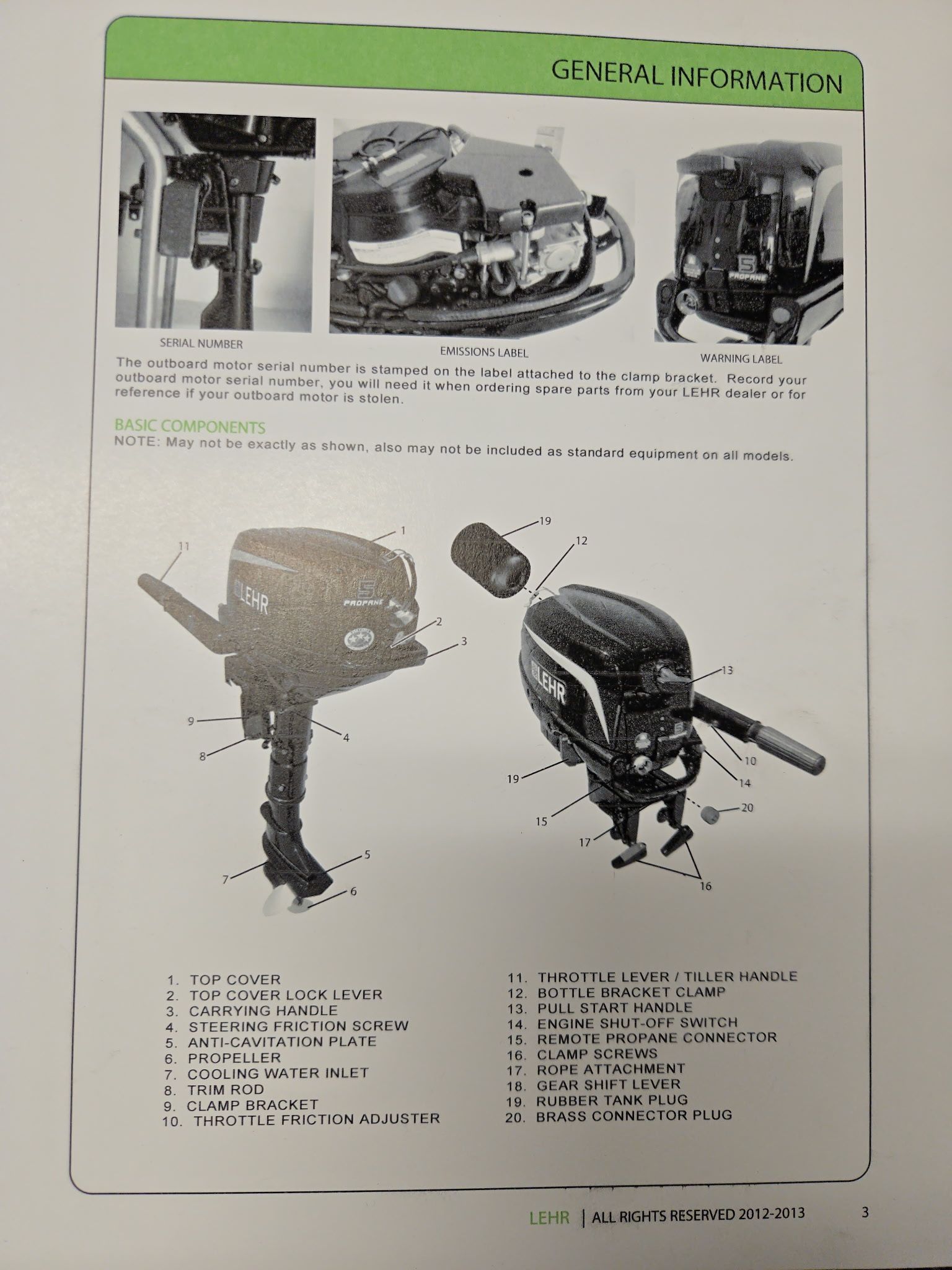 A manual displays diagrams and information about an outboard motor with labeled parts.