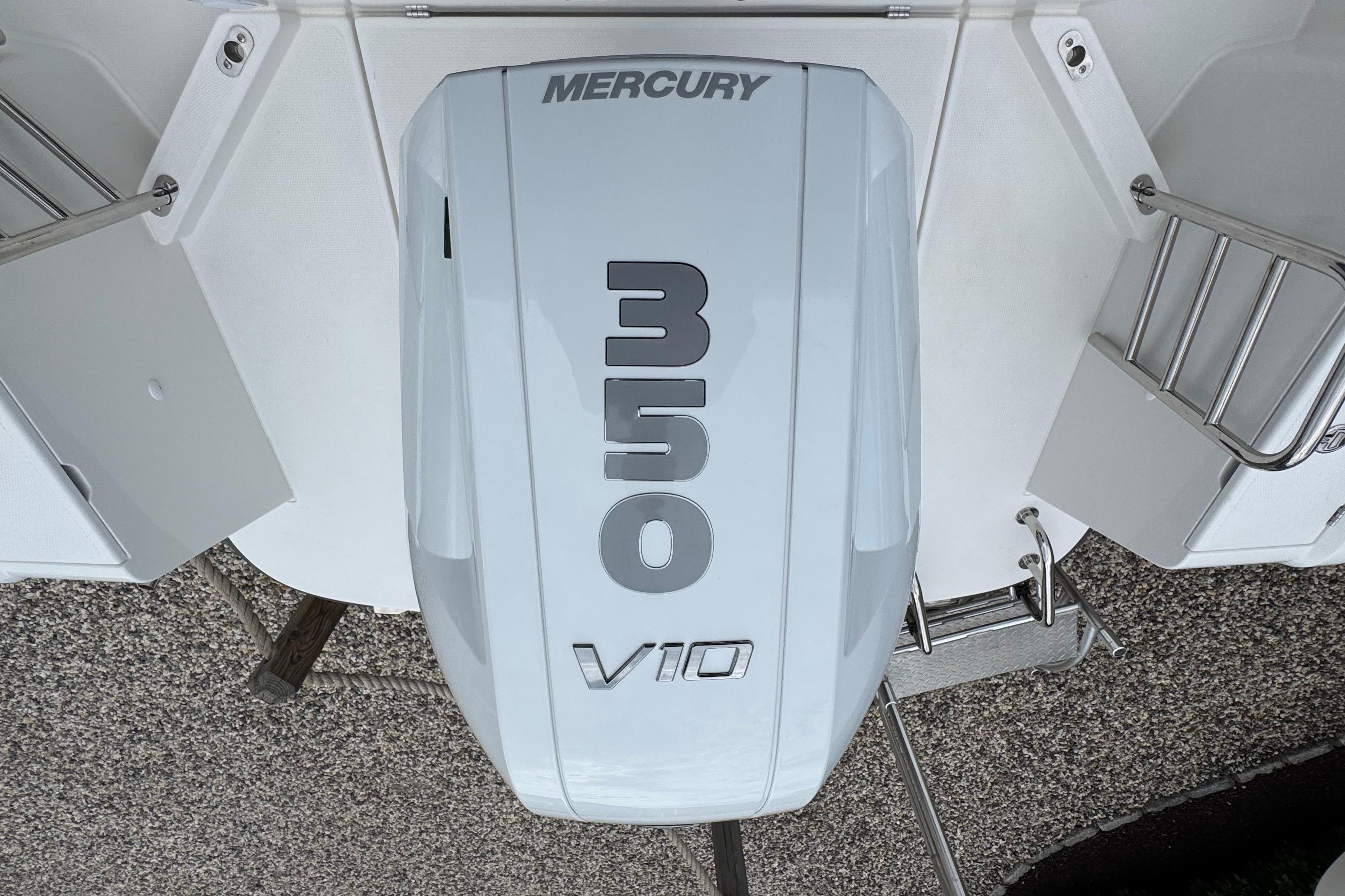 A Mercury 350 V10 outboard motor is mounted on a boat.