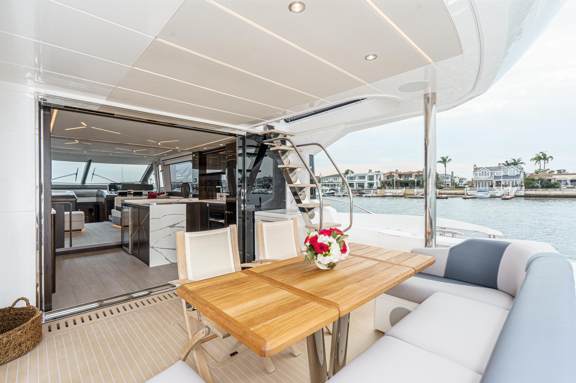 Luxurious interior of Sunseeker Manhattan 68 yacht, 2023 model.