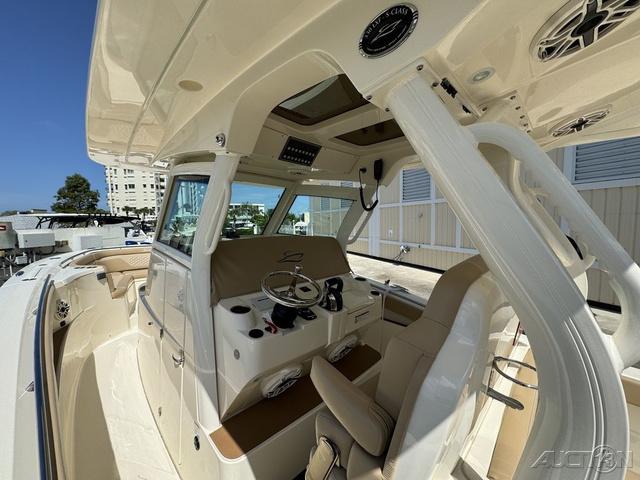 2022 Scout 330 LXF boat interior with helm station and seating.