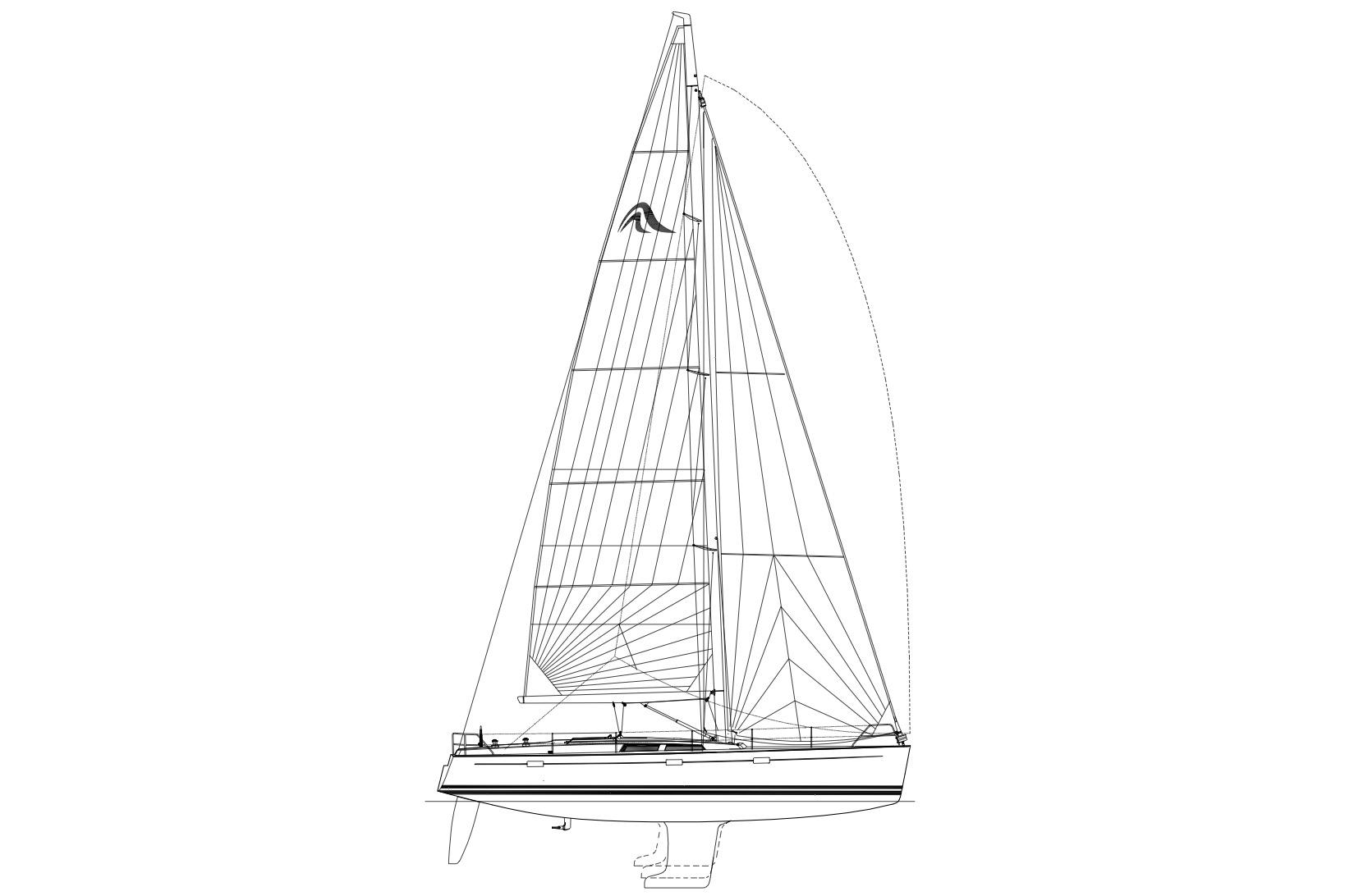 Line drawing of a 2007 Hanse 470e sailboat, showcasing its detailed sail plan.
