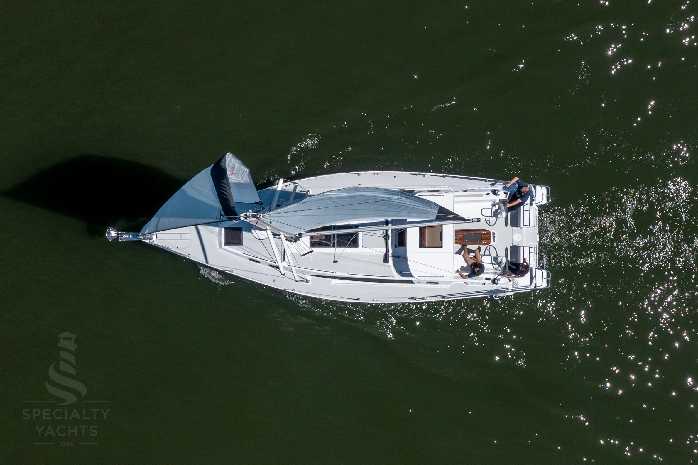 Aerial view of 2026 Catalina 426 sailboat on calm water.