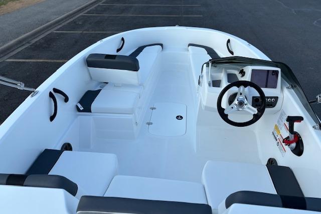 2026 Tahoe T16 boat interior with modern steering and seating.