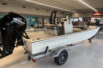 2026 Crestliner 1860 Retriever CC boat with Mercury engine on display in showroom.