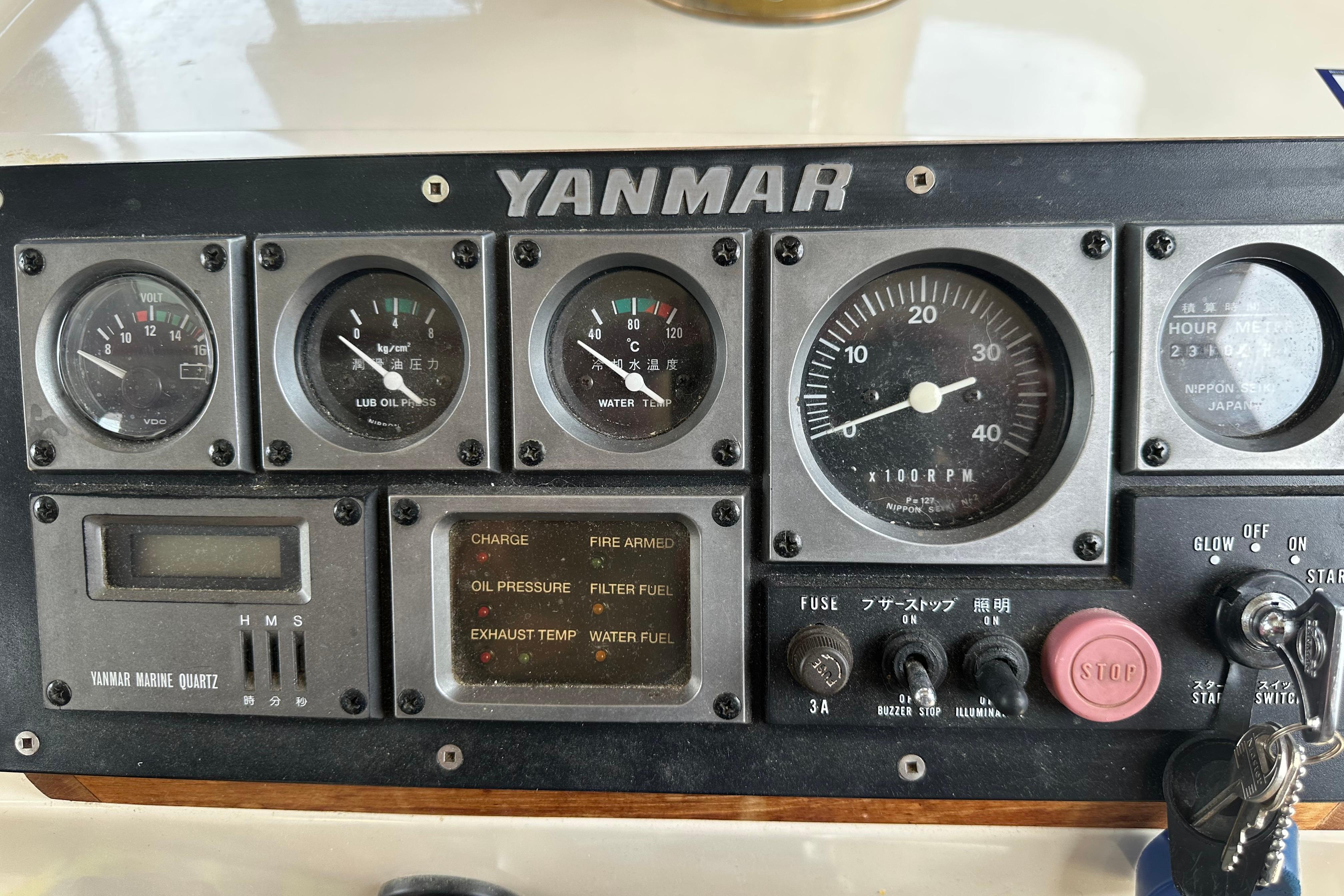 Yanmar engine control panel on a 1985 Nordic Tug 26 boat.