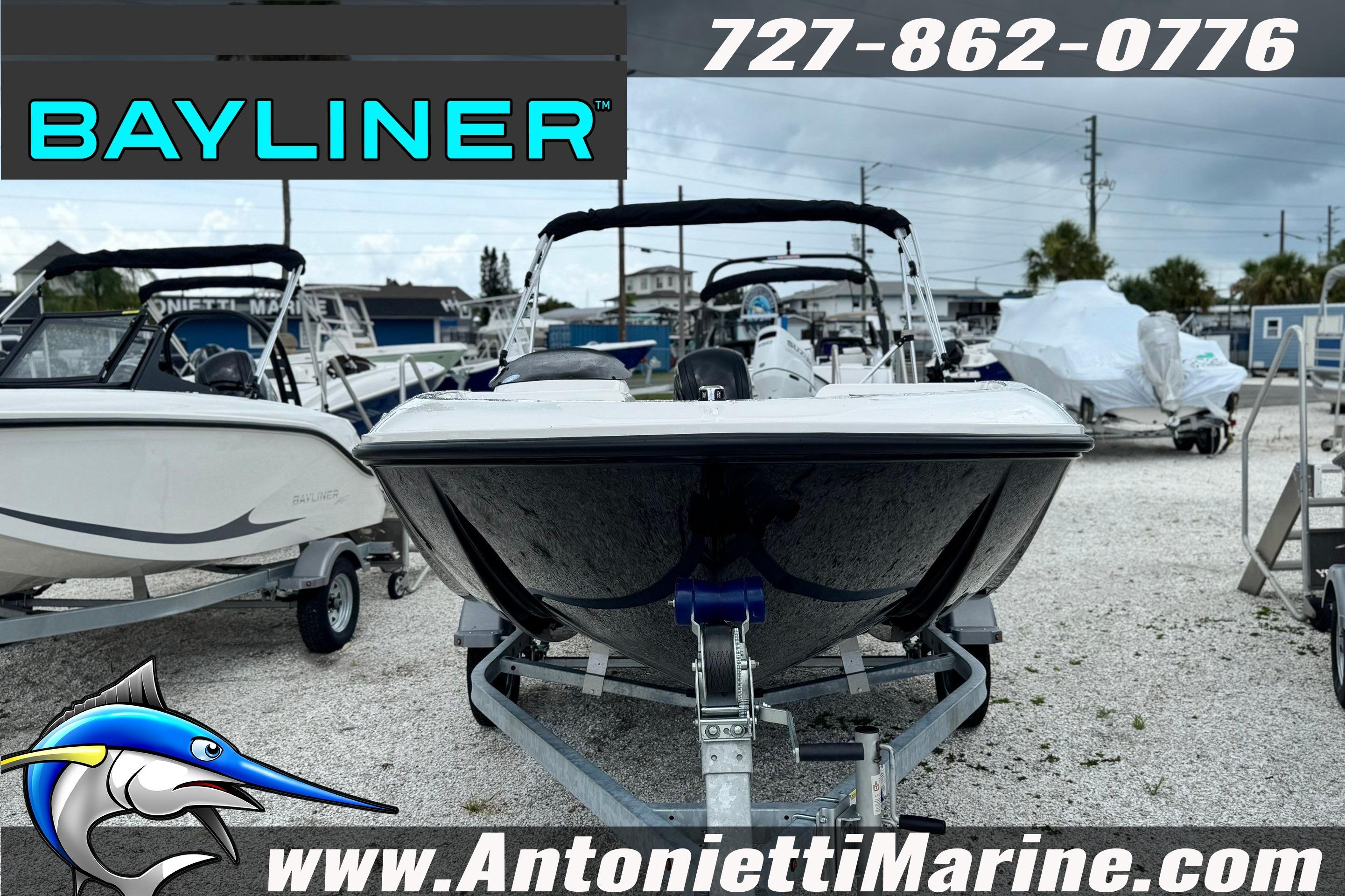 2026 Bayliner Element E16 boat on trailer at Antonietti Marine dealership.