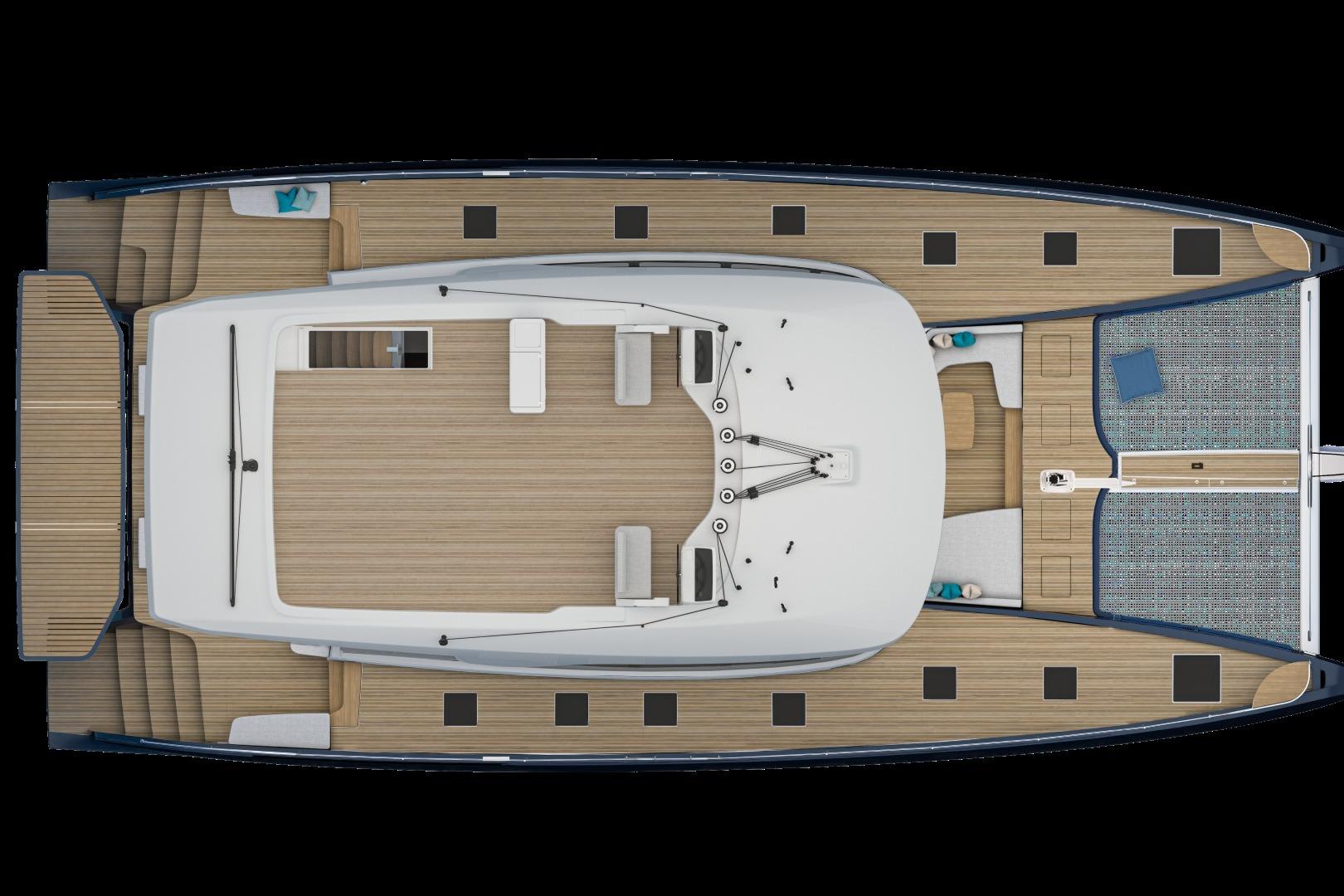 Top view of 2026 Lagoon Eighty 2 yacht deck layout, featuring spacious seating and modern design.