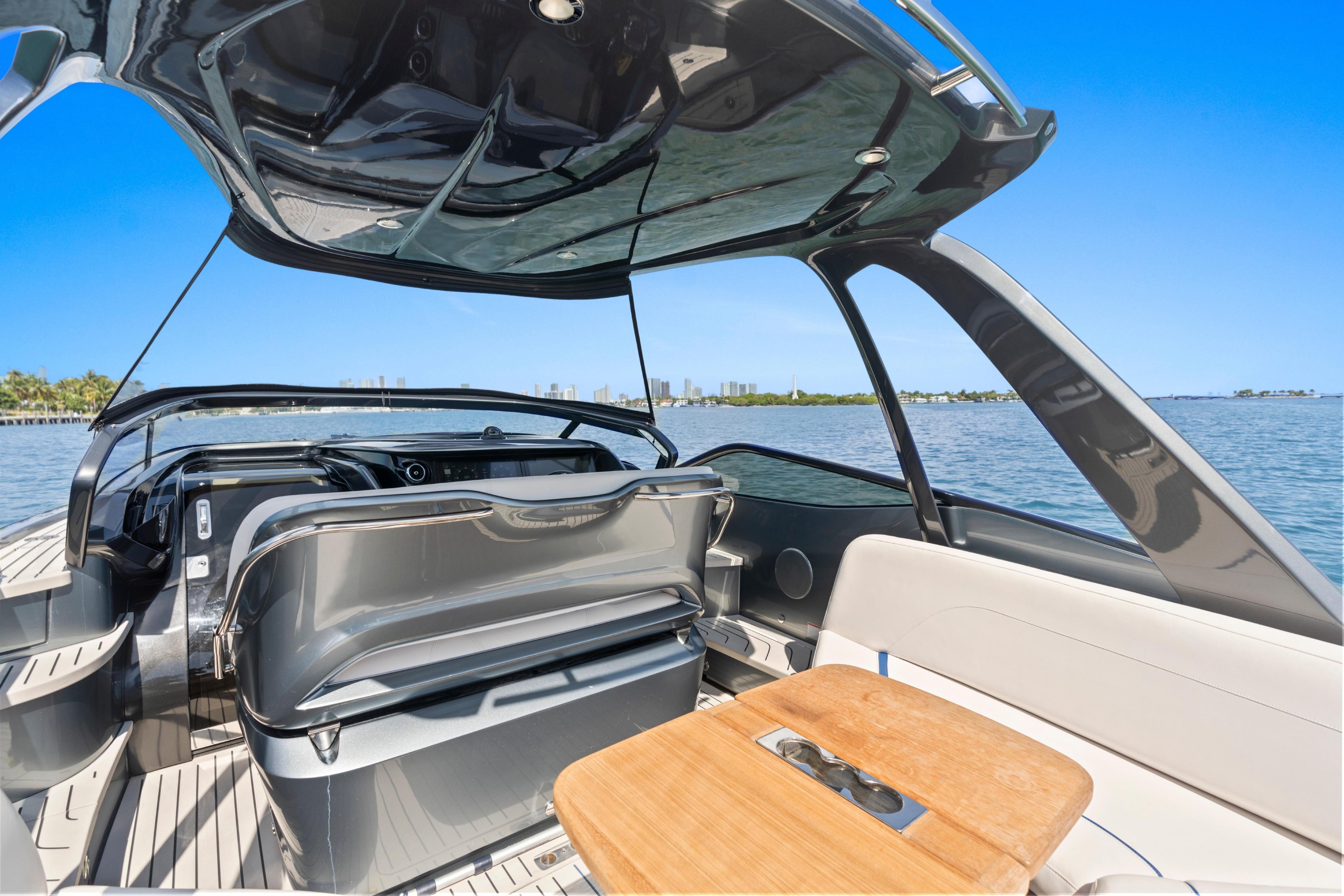 Luxury Princess R35 yacht interior, 2020 model, with sleek design and waterfront view.