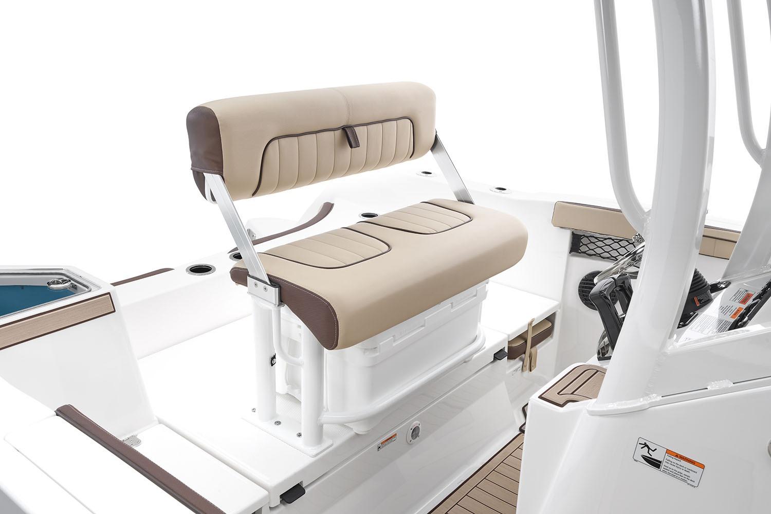 Manufacturer Provided Image: 2026 Yamaha Boats 222 FSH Sport E interior seating, featuring beige cushioned bench.