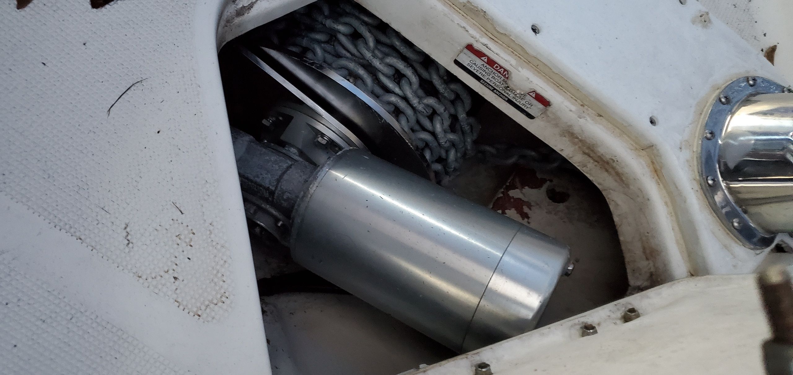 Anchor windlass on a 2005 Robalo R265 Walkaround boat.