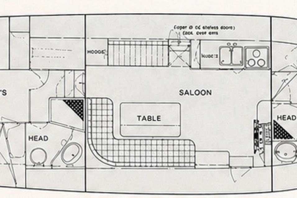 Floor plan of a 1978 Grand Banks 42 Classic yacht, featuring saloon, table, and heads.